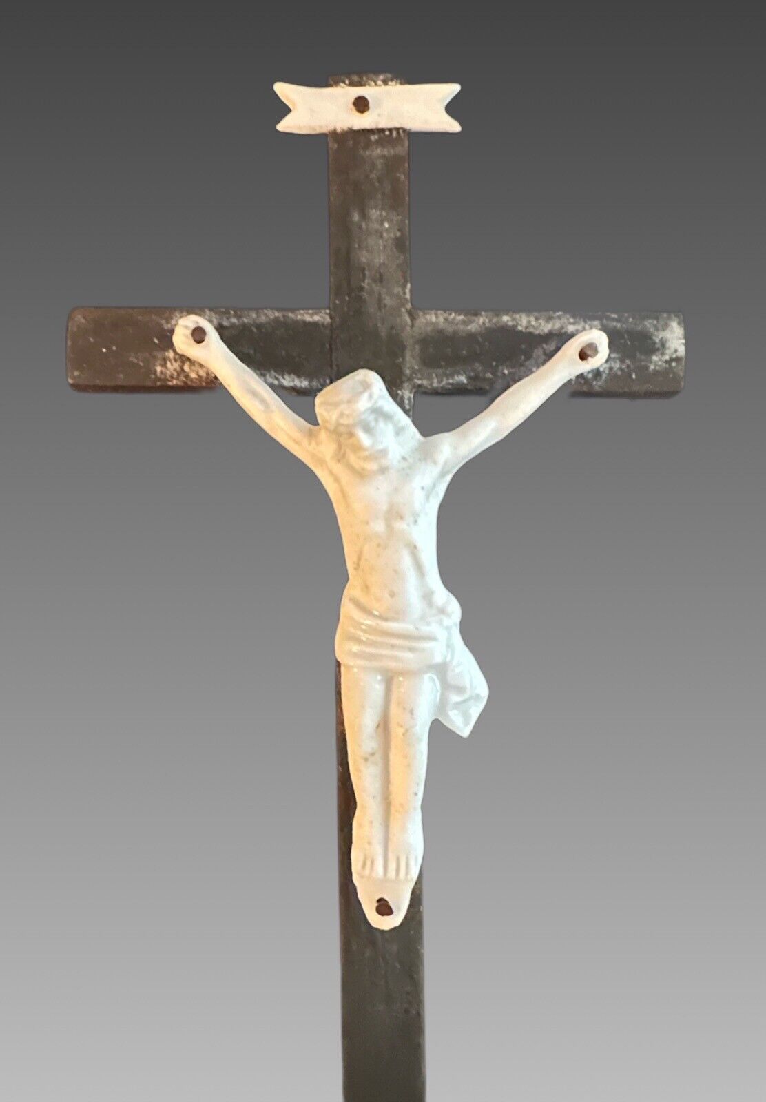 Antique Belgian Bisque Crucifix On Bisque Plinth 8”H X 3.25”H