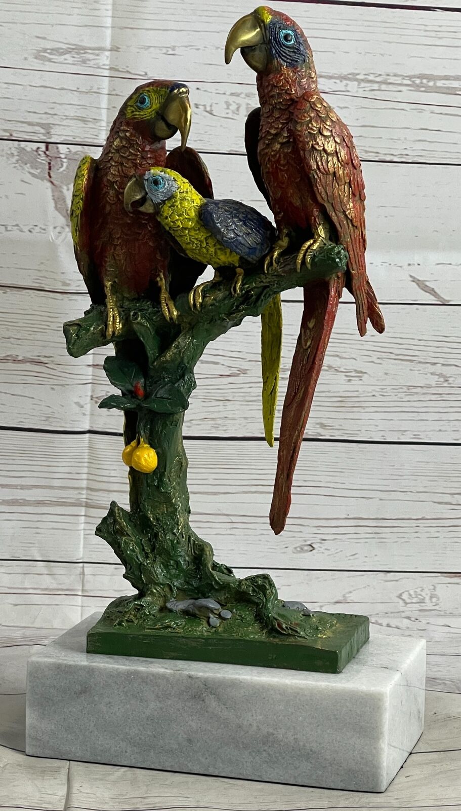 Three Macaw Parrots on a Branch Bronze Metal Statue Sculpture Colorful Decor Art