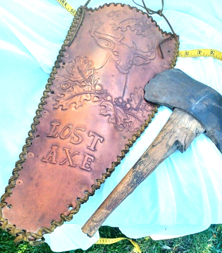 Genuine Native American Antique Axe & hand crafted Leather Sheath w/ Deer Image