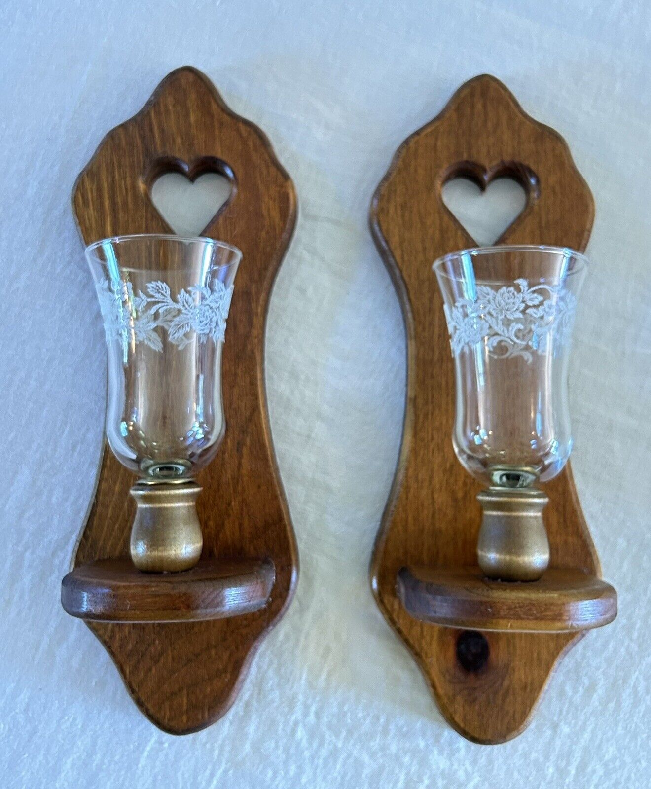 SET/2 WOOD PINE COUNTRY SCONCES WALL MOUNT WITH GLASS ETCHED CUPS 