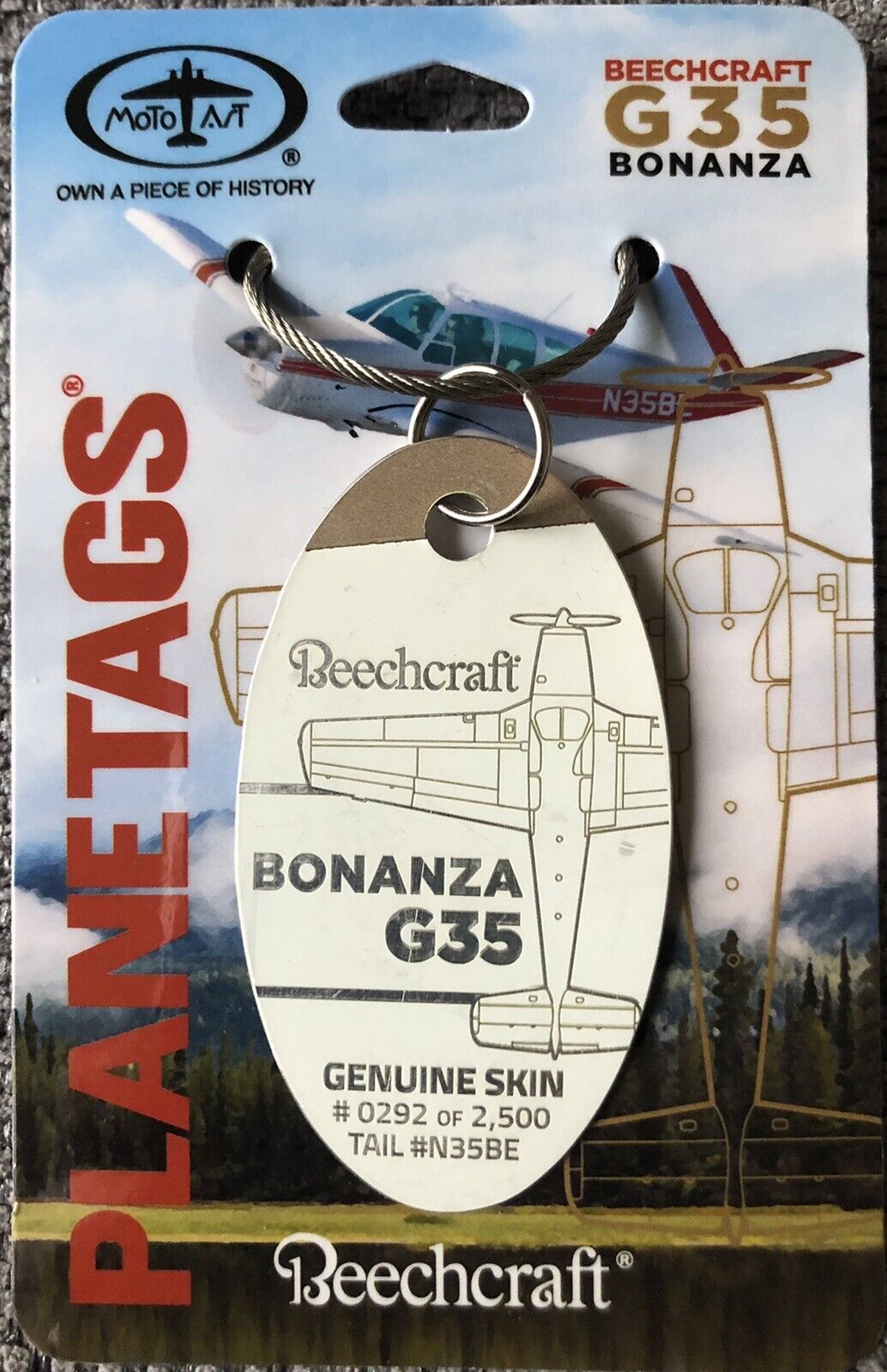PLANETAGS : BEECHCRAFT G35 BONANZA : N35BE : WHITE / GOLD BI-COLOUR TAG