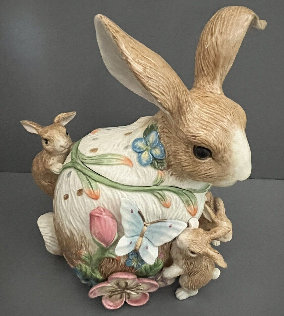 Fitz & Floyd Garden Rhapsody Rabbit Bunny Bunnies Spring Flowers Cookie Jar RARE