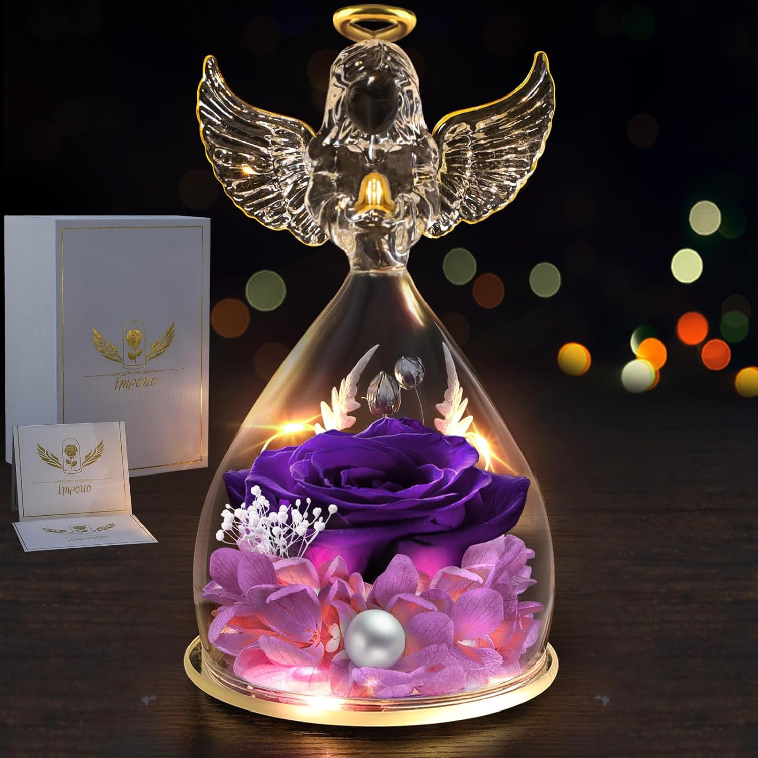 Angel Gifts for Women,Rose Flower Preserved in Glass LED Lighted (Angel Figures)