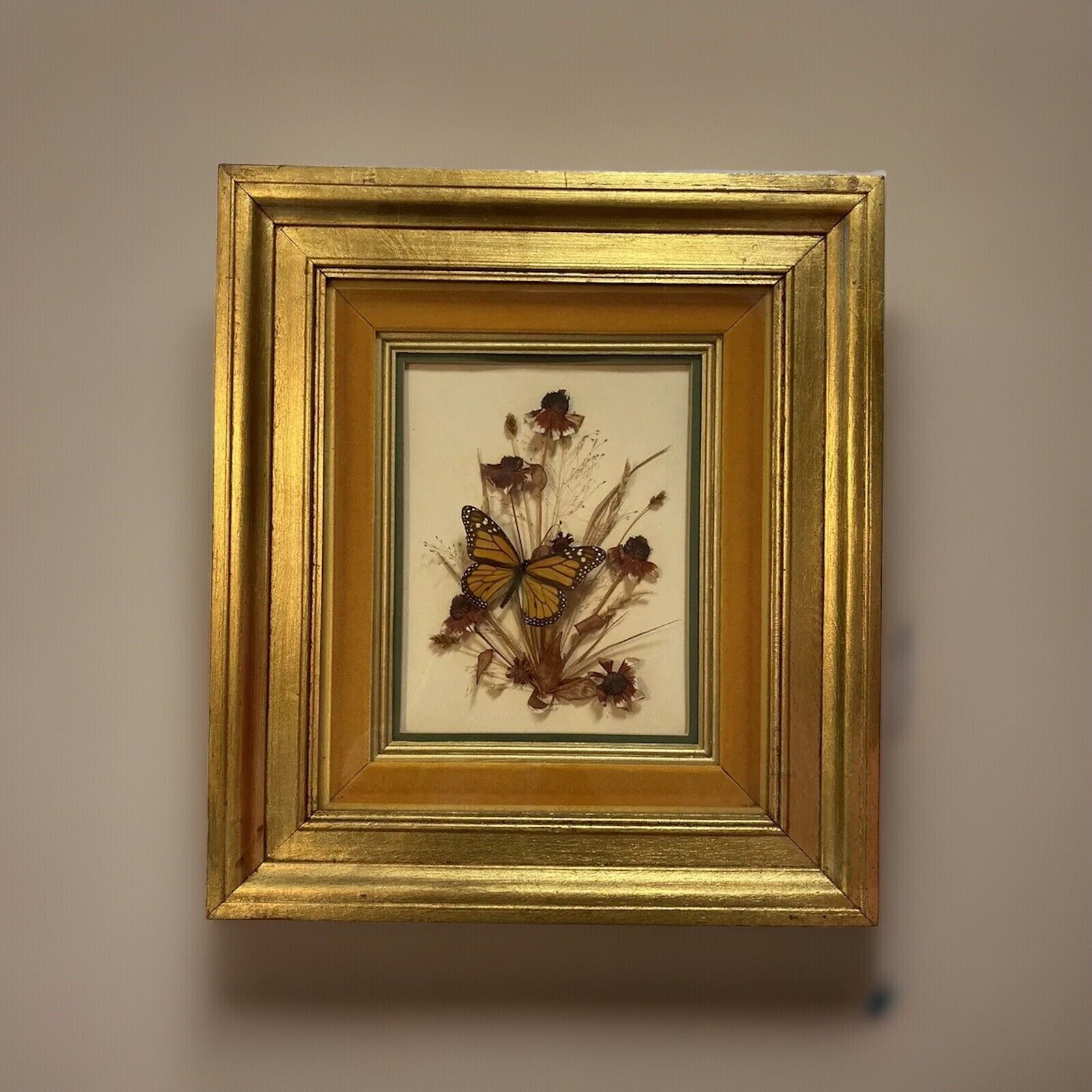 Vtg Taxidermy Butterfly Flowers Wall Hanging Grannycore Gold Picture Framed MCM