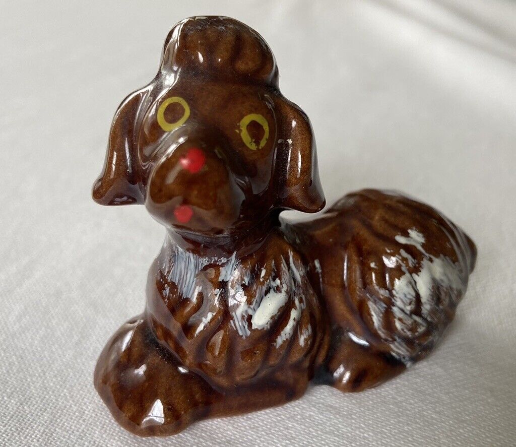 Vintage Brown Poodle Dog Figurine Hand Painted Japan Redware