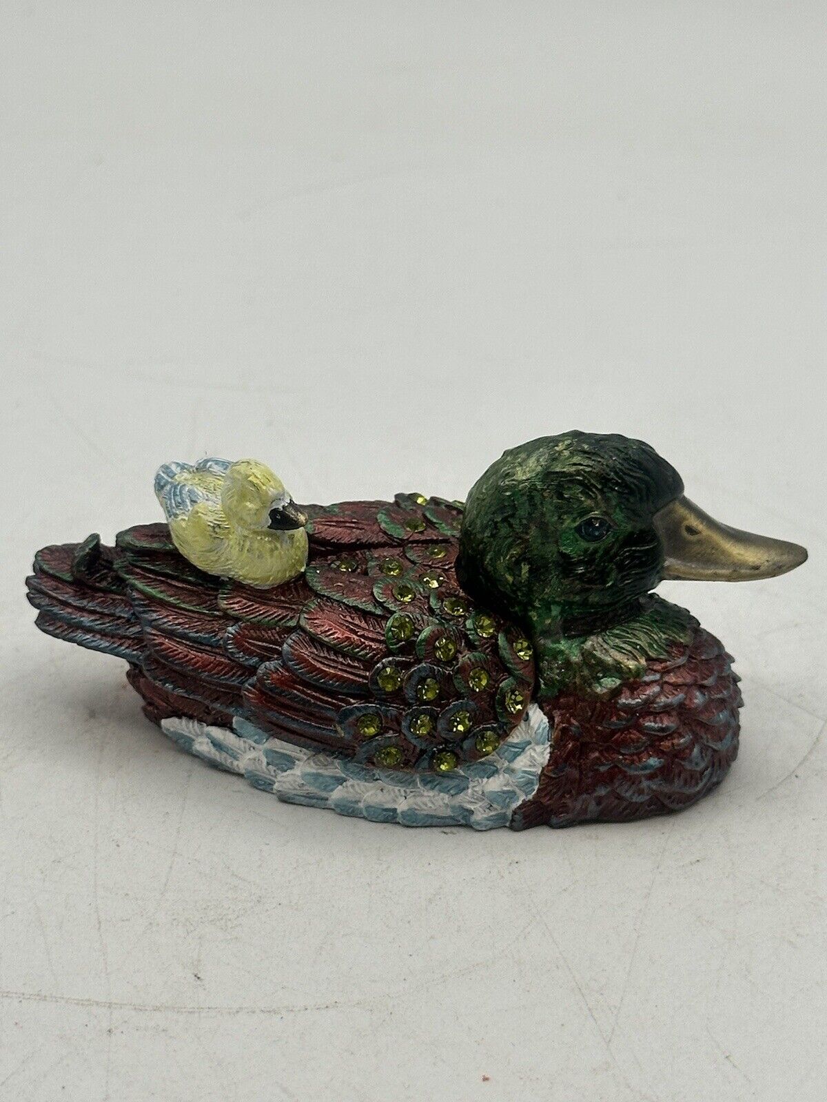 Mallard Duck Trinket Box Hand Painted Bejeweled Brass Hinged Secret Storage