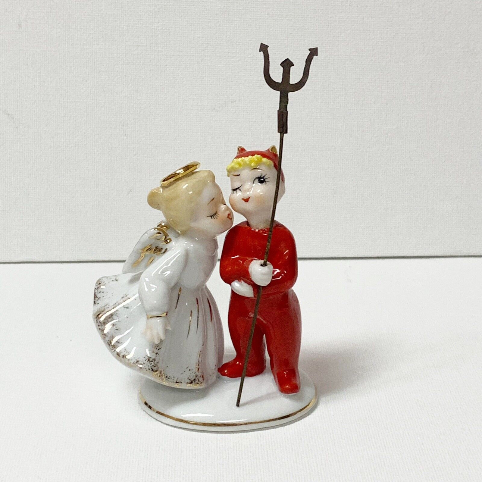 Vintage Figurine Lefton Angel Devil Saint Sinner 1950s Porcelain 3” Spaghetti