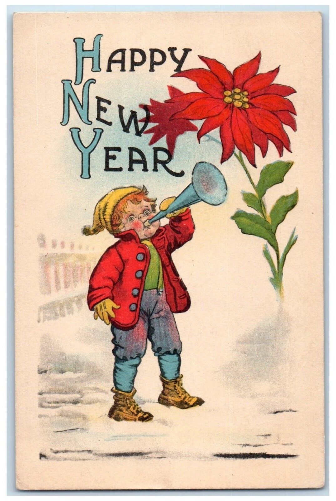 1914 Happy New Year Boy Trumpet Poinsettia Flowers Winter Antique Postcard