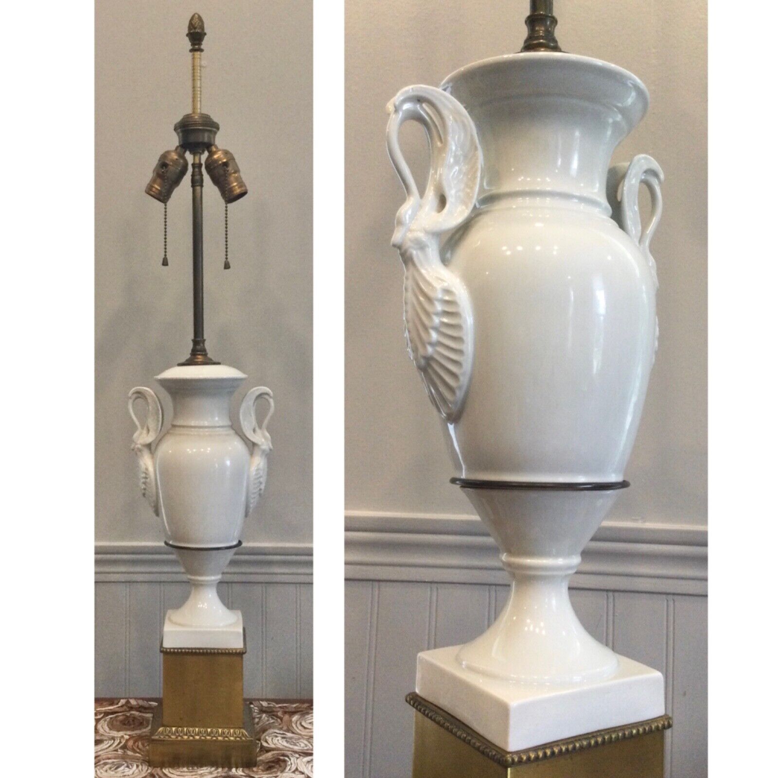 Vintage Limoges Table Lamp Large Porcelain Double Socket Urn Swan France