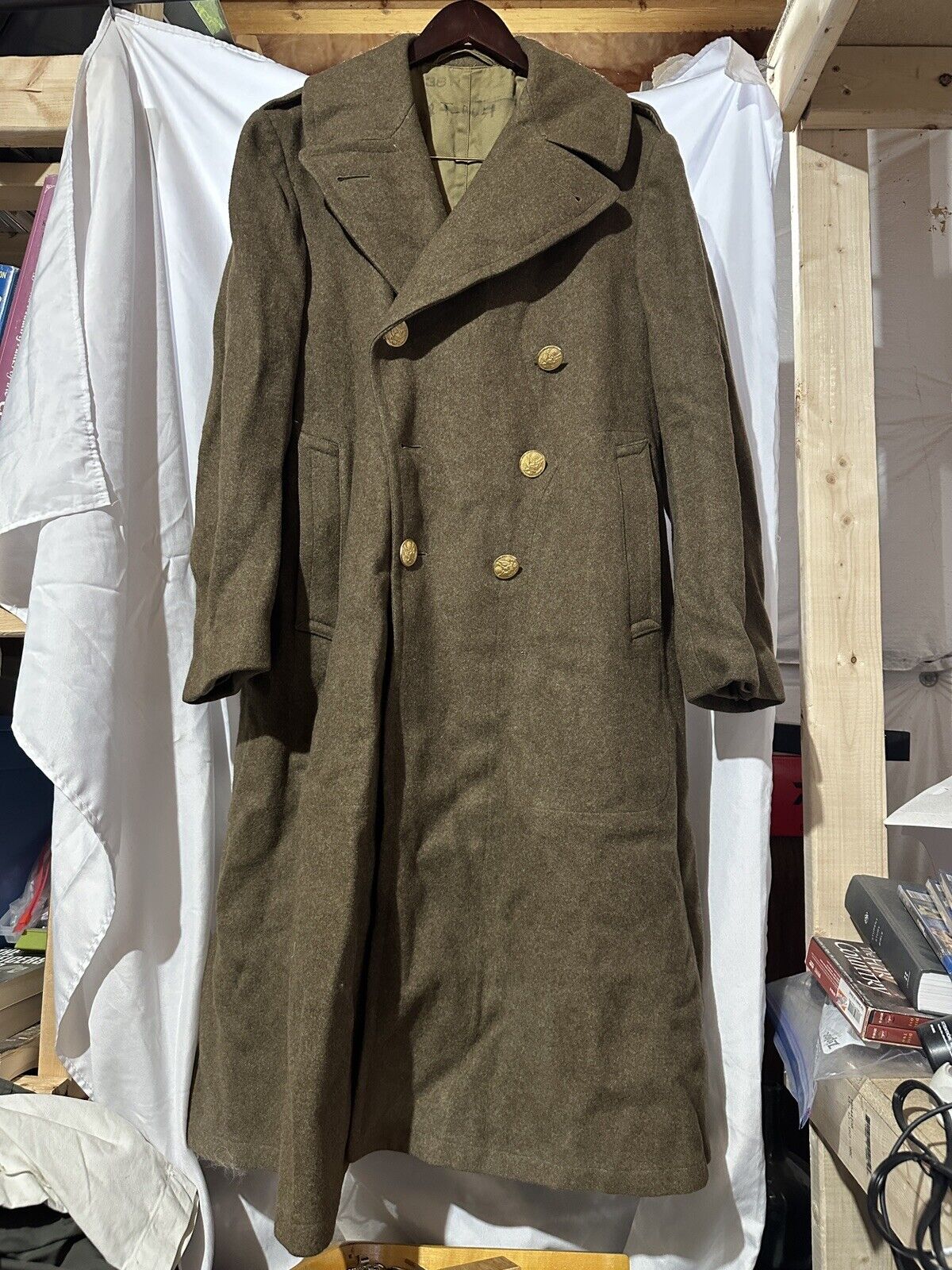 Vintage 1945 WW2 US Army Enlisted Trench Coat Overcoat 38R Heavy Wool Green