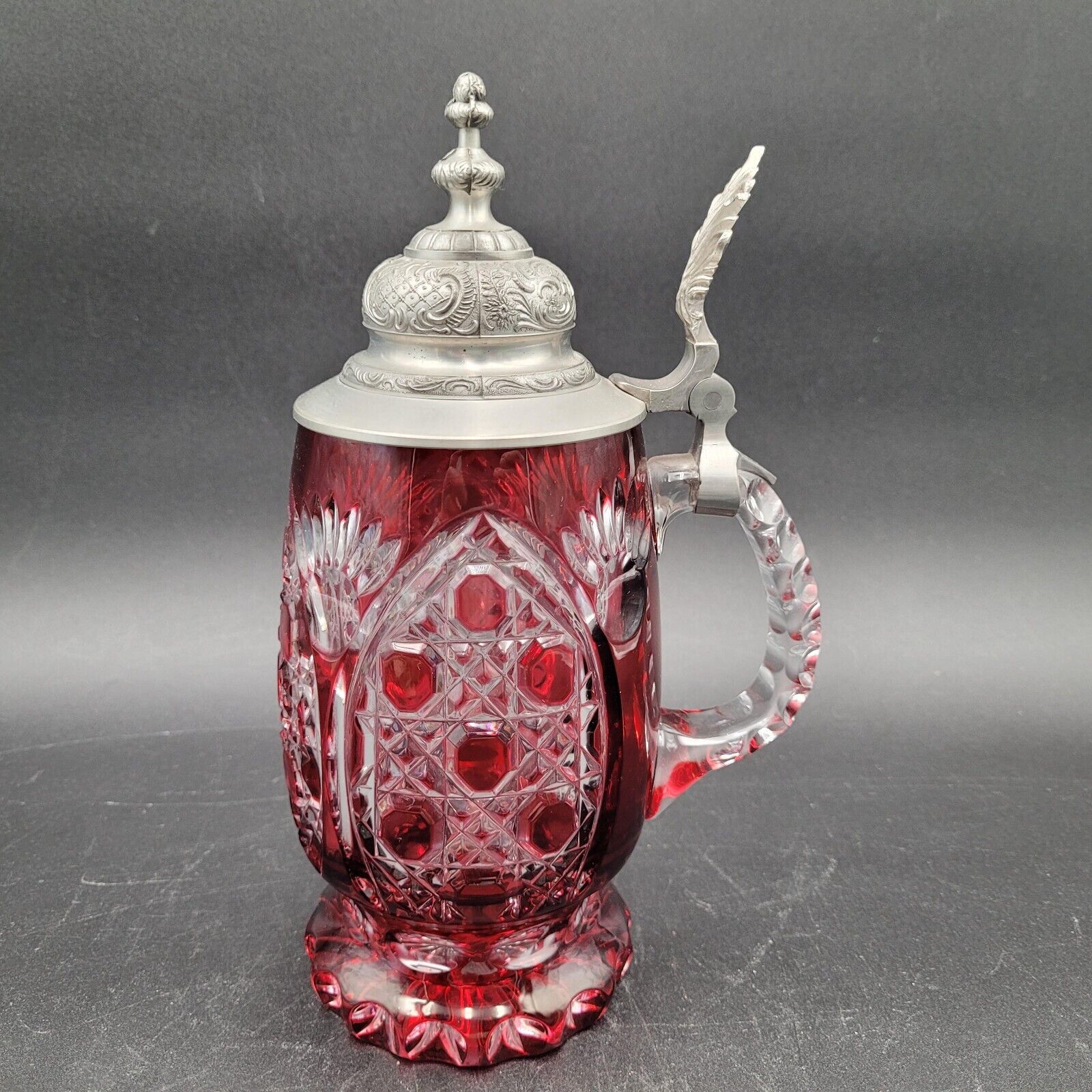 Vintage Nachtmann Bleikristall Beyer Cut to Clear Cranberry Red Glass Beer Stein