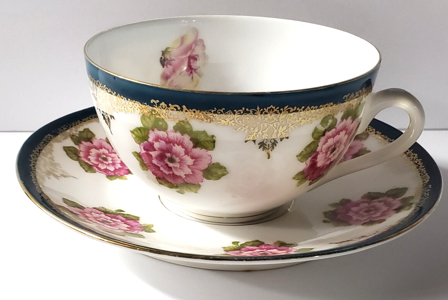 Porcelain Cup Saucer Pink Flowers  Signed The WM H Block Co Indianapolis Indiana