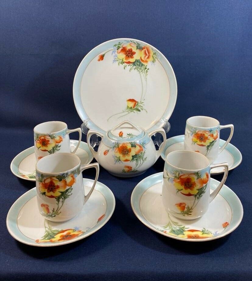 Vintage Nippon Hand Painted Demitasse Cups & Saucers Sugar Bowl and Plate - G1