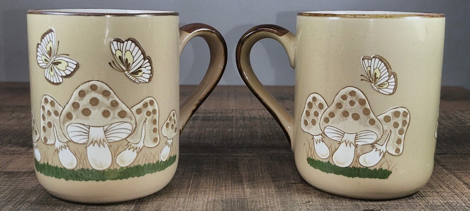2 Vintage Stoneware Mugs/Cups - Vintage Otagiri? Mushrooms Butterflies Brown Mug