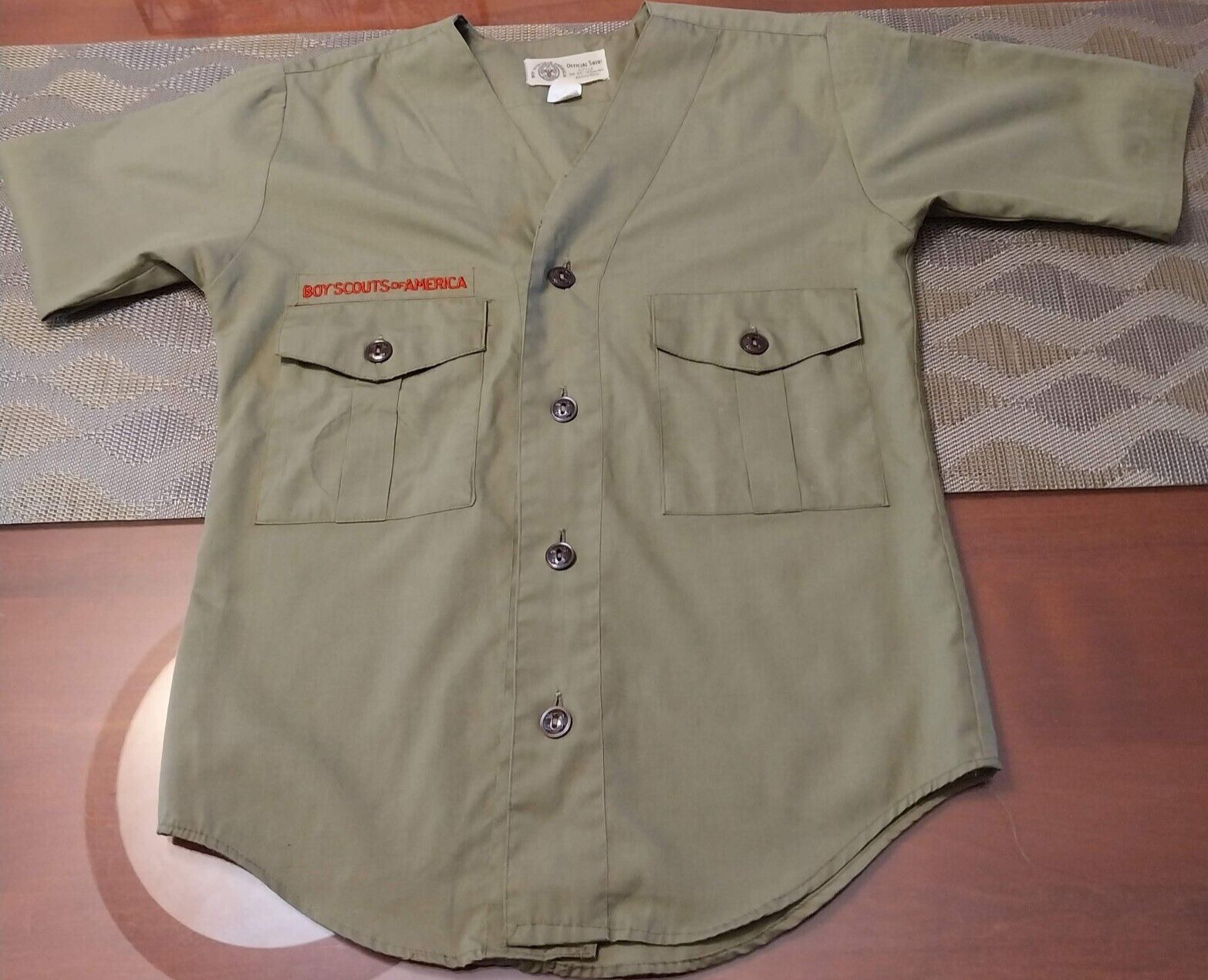 Vintage 1970s Boy Scouts of America BSA Uniform Collarless Shirt. Olive Size 11