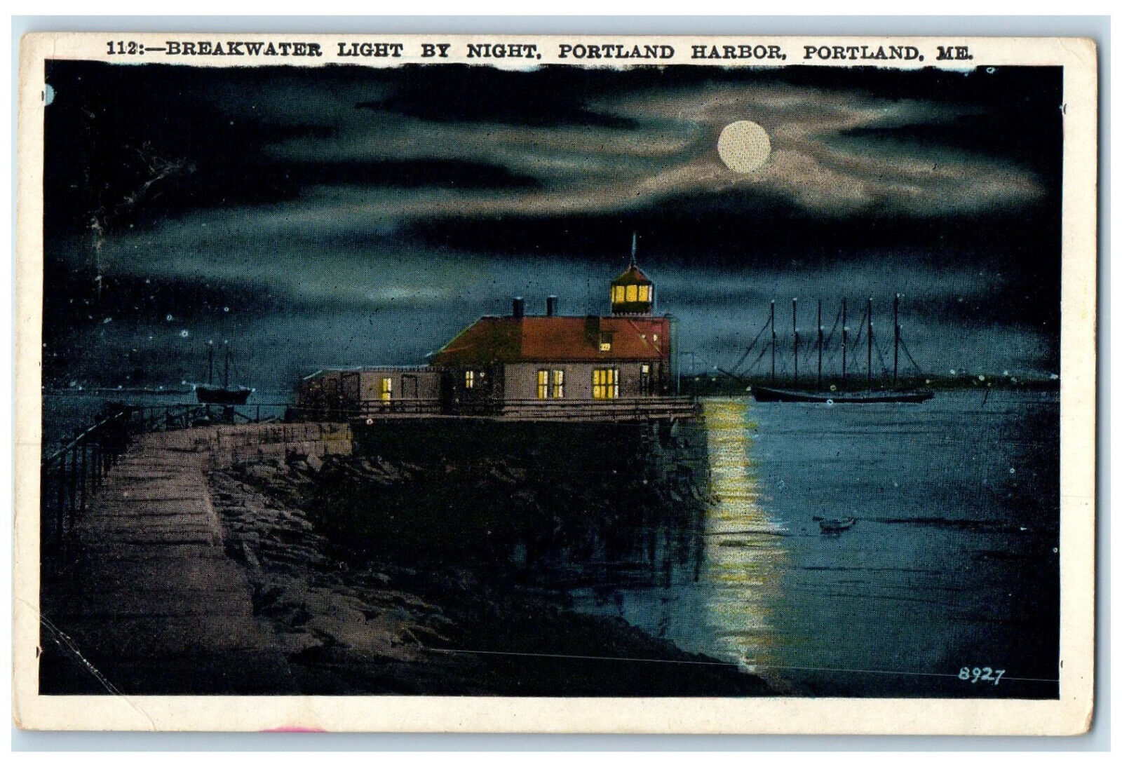 c1920\'s Moonlight Breakwater Light By Night Portland Harbor Portland ME Postcard