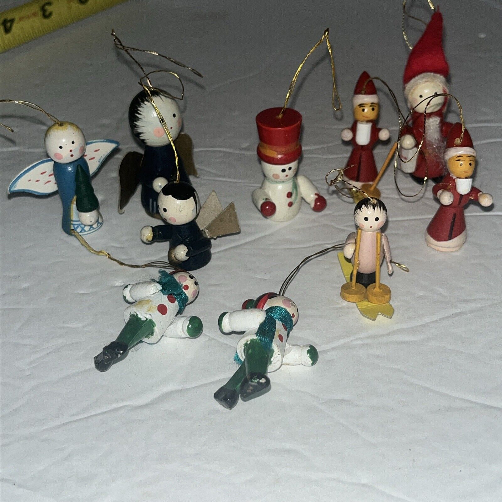 Vintage Miniature Wooden Christmas Ornaments Figures Lot Of 10