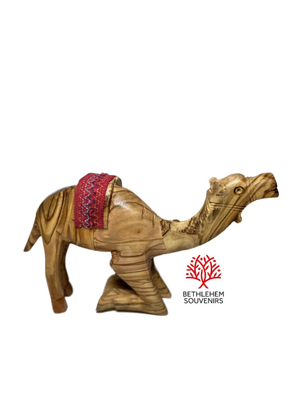Camel Olive Wood Carving Hand Made Animal Figure Red Saddle Big Bethlehem Gift