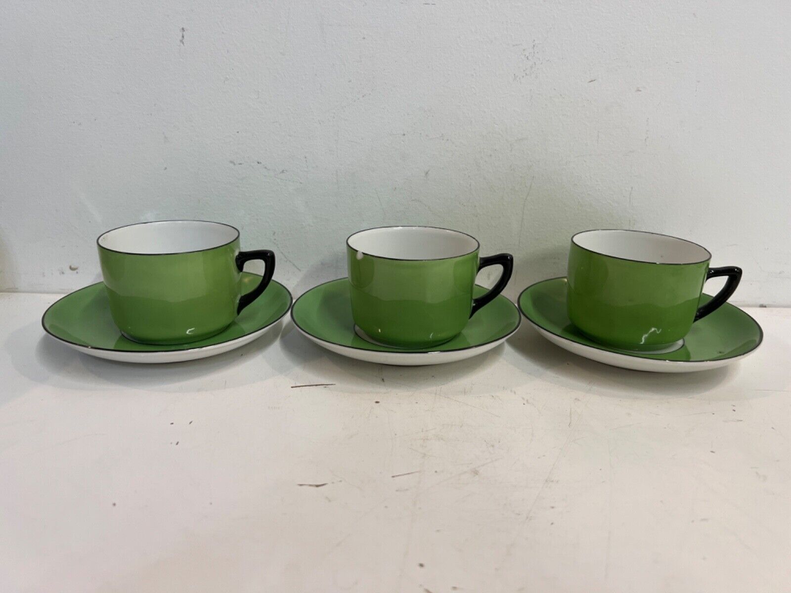 Antique Gebruder Benedikt German Green Porcelain Set of 3 Cups and Saucers