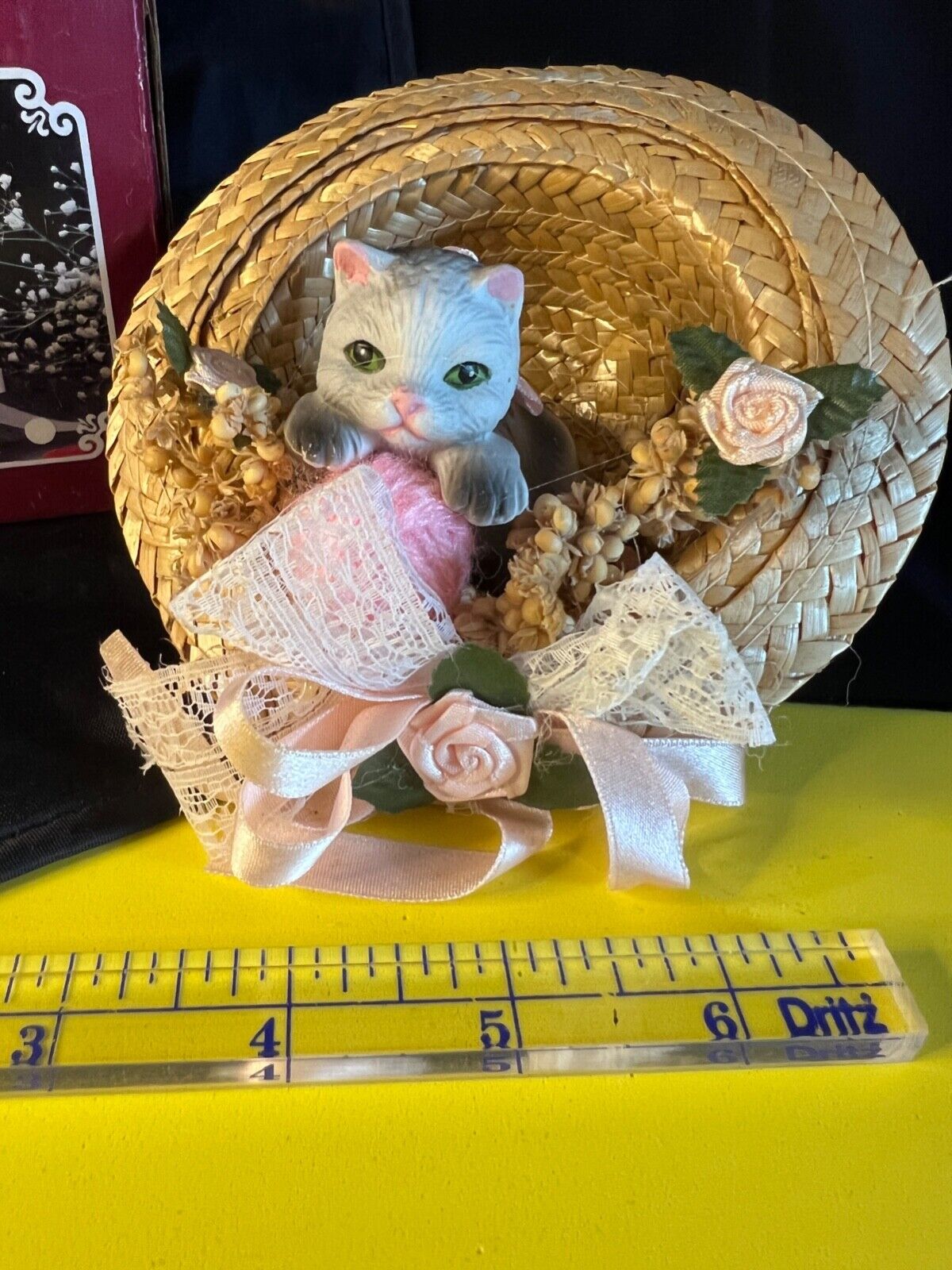 Cat Bisque Figurine Porcelain In Wicker Hat Victorian Grey Kitten Exc Vb