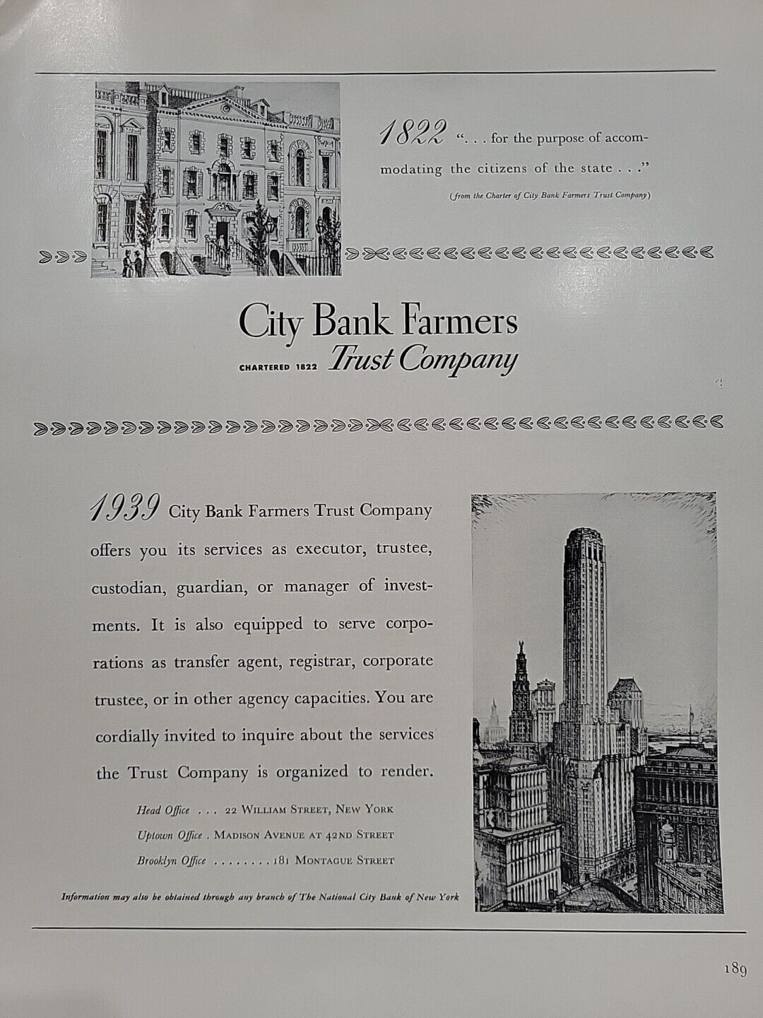 1939 City Bank Farmers  Fortune Magazine Print Advertising Skyskrapers bank