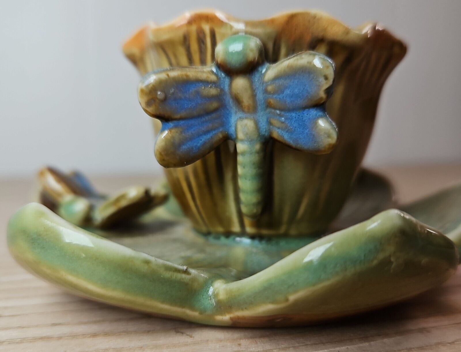 Orange Lotus Flower Blue Dragonfly Ceramic Candle Holder