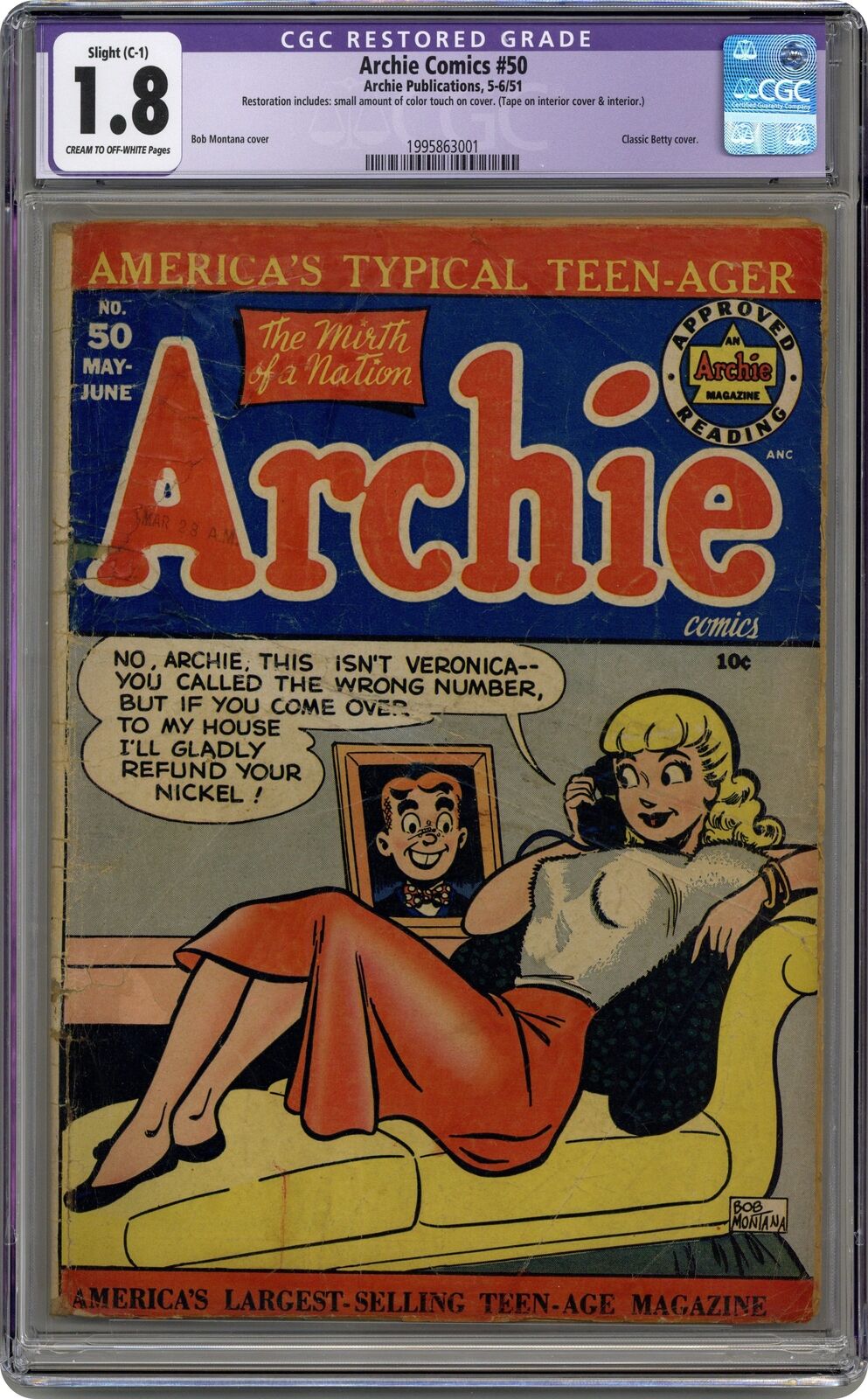 Archie #50 CGC 1.8 RESTORED 1951 1995863001