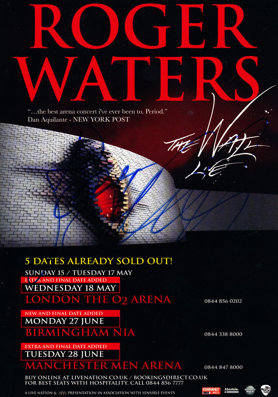 ROGER WATERS - THE WALL, 2011 SIGNED UK TOUR FLYER, PINK FLOYD
