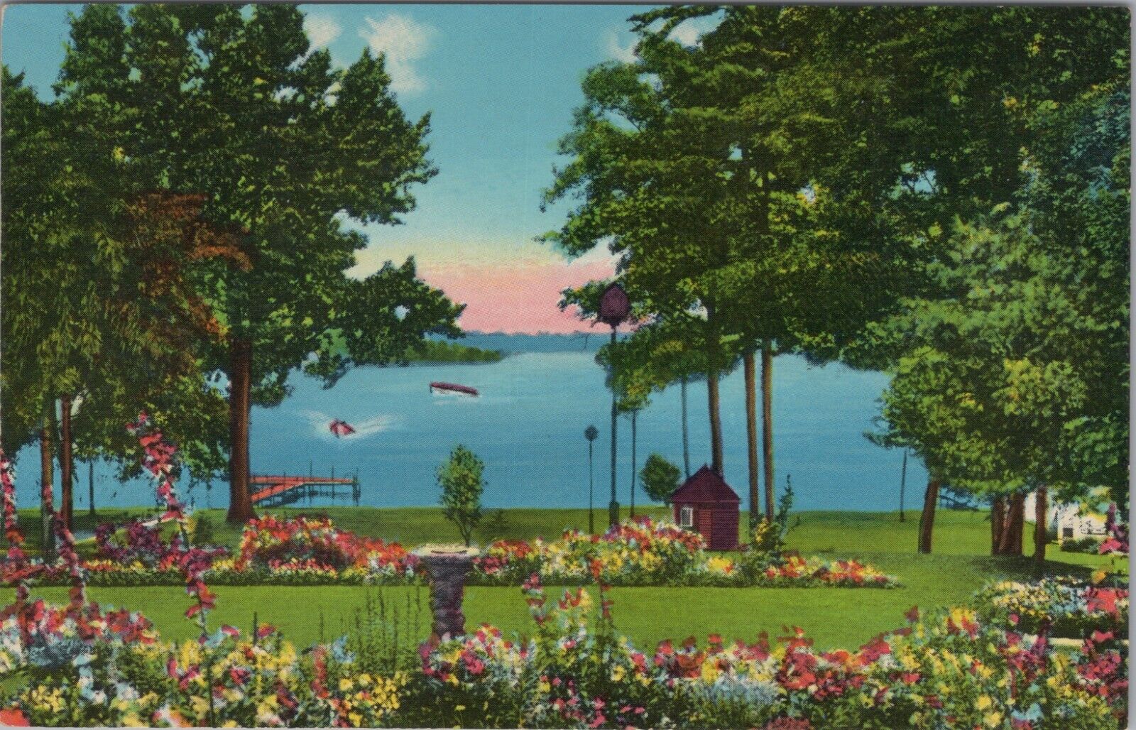 Bemis Point New York View Of Lake Chautauqua Boats Gardens Postcard