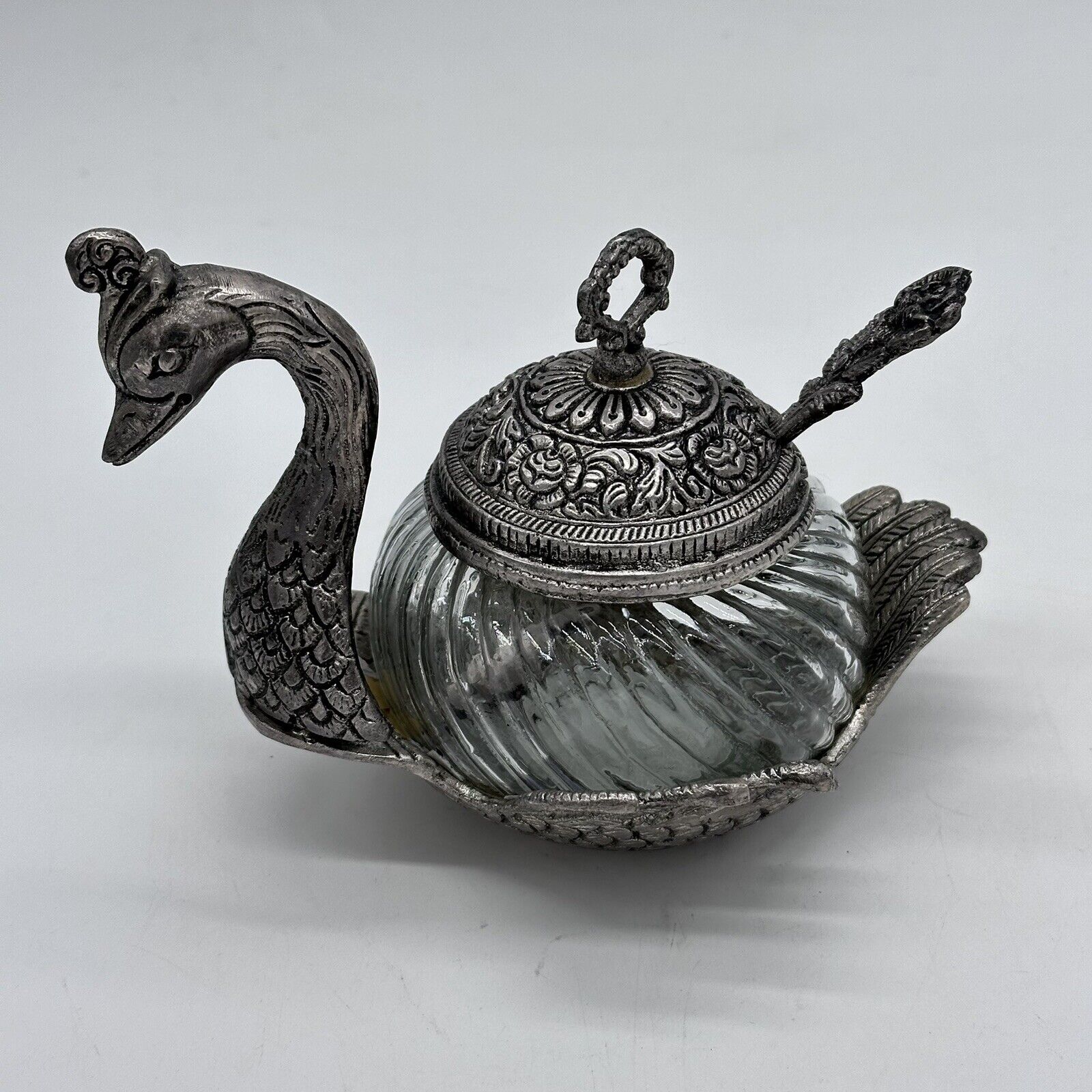 Metal Aluminum Swan Glass Bowl And Spoon Jelly Condiment Dish With Lid