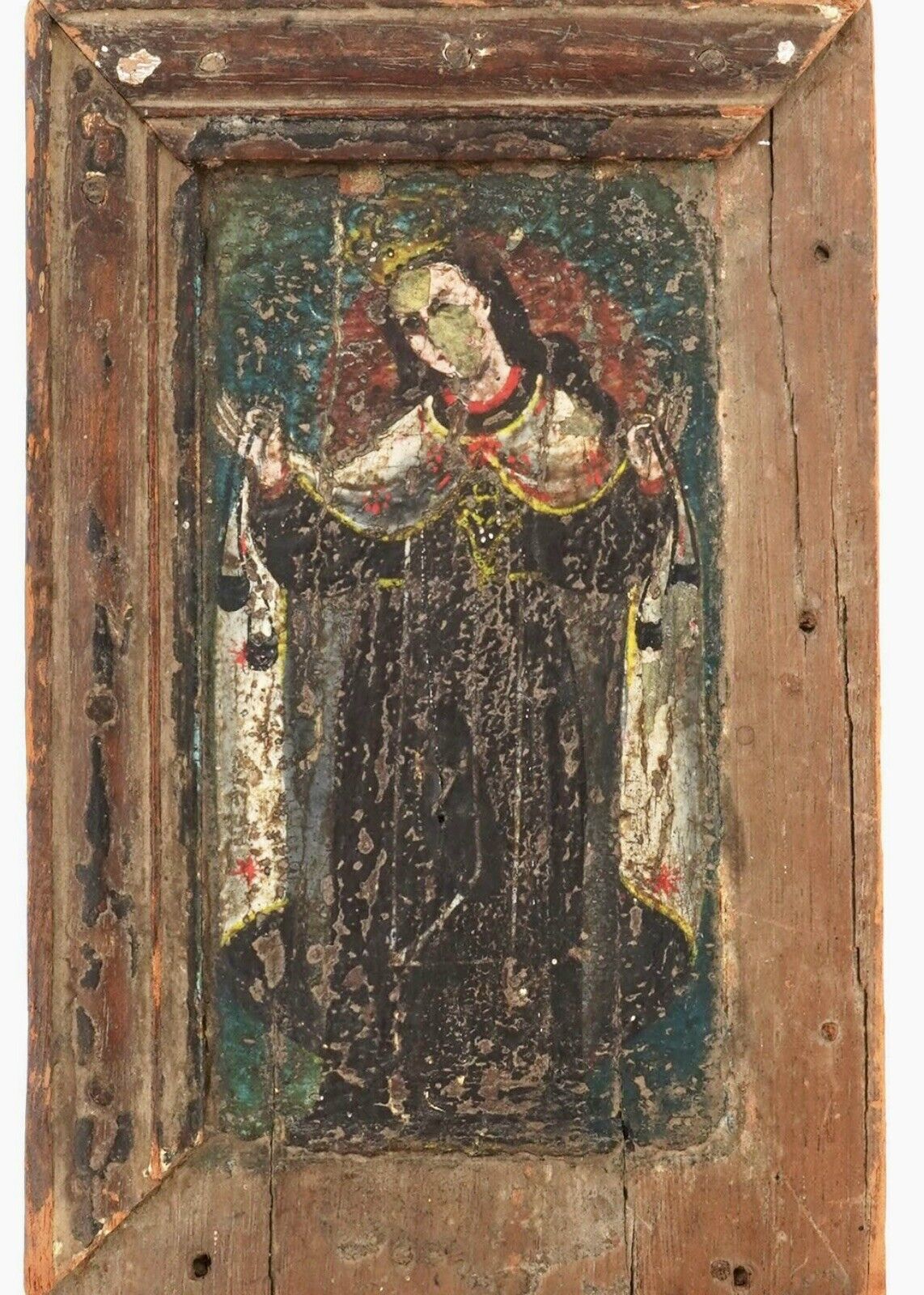 Century Old Mexican Retablo on Wood Panel, Our Lady of Carmel Antique Painting