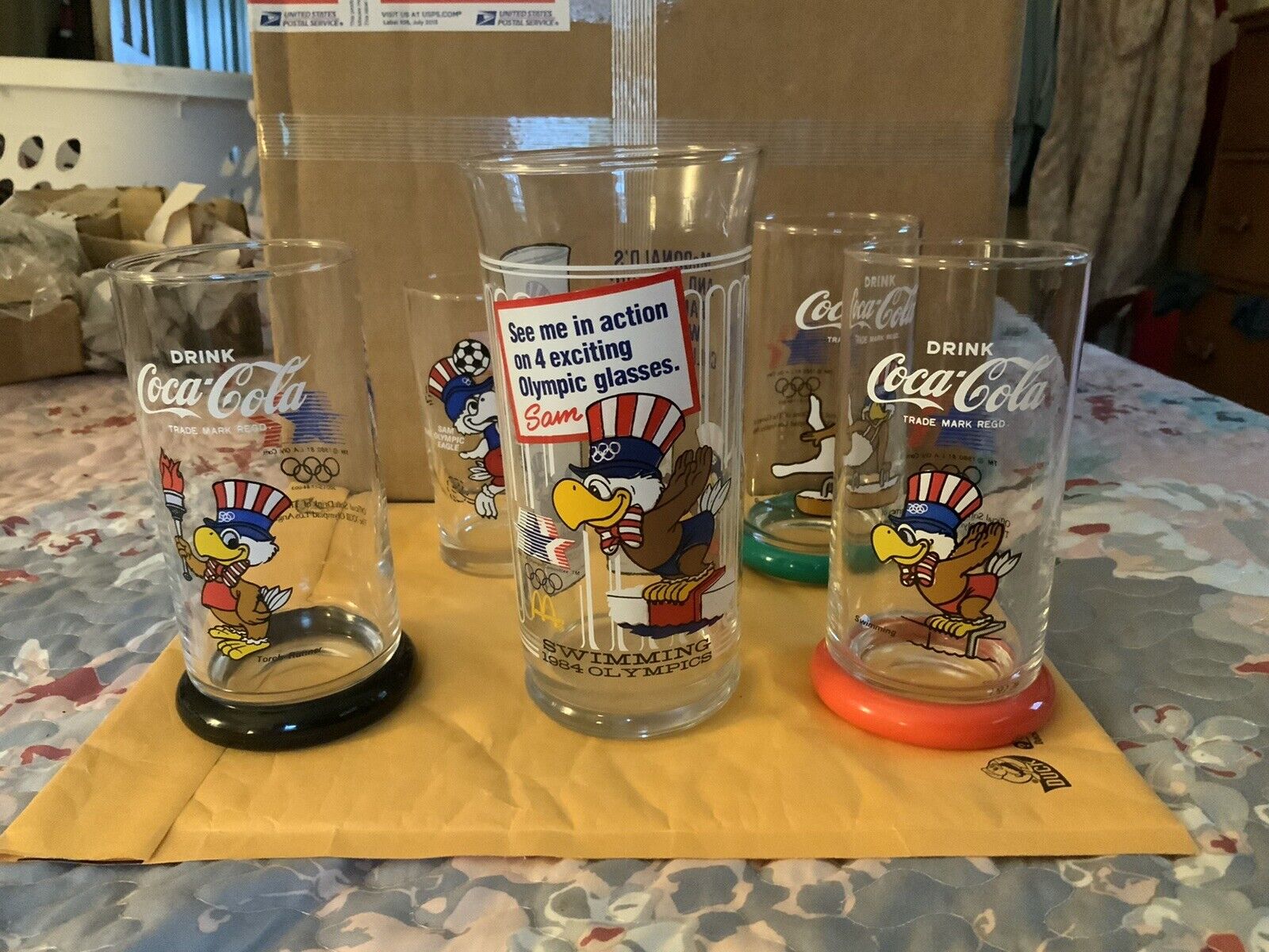 sam the olympic eagle collector glasses MANAGERS GLASS  with USA COKE GLASSES