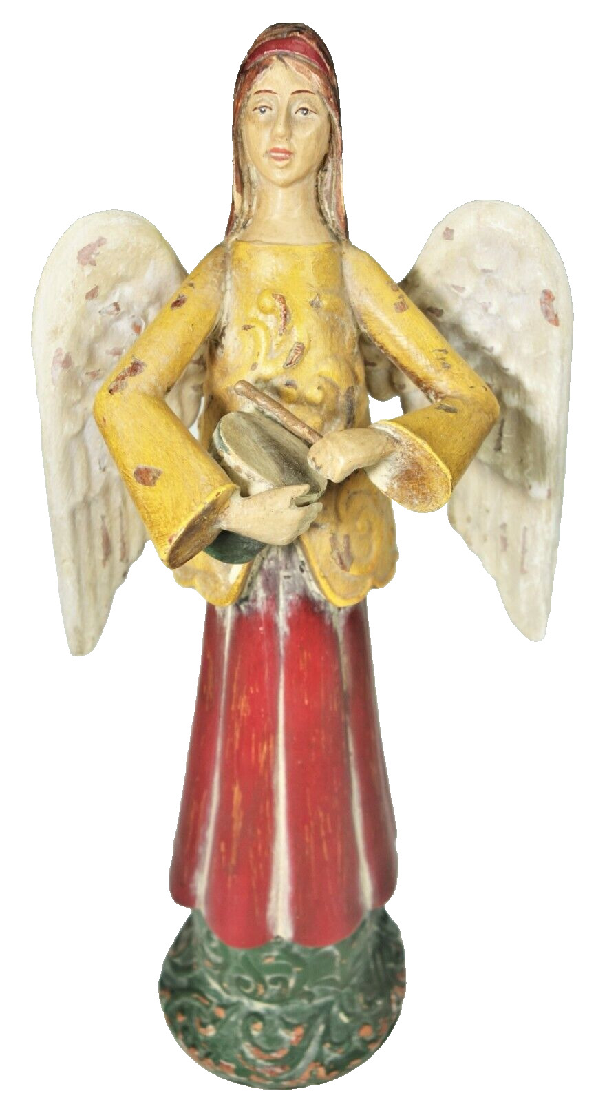 15” Angel Figurine Faux Wood Metal Wings Drum Playing Distressed Folk Art