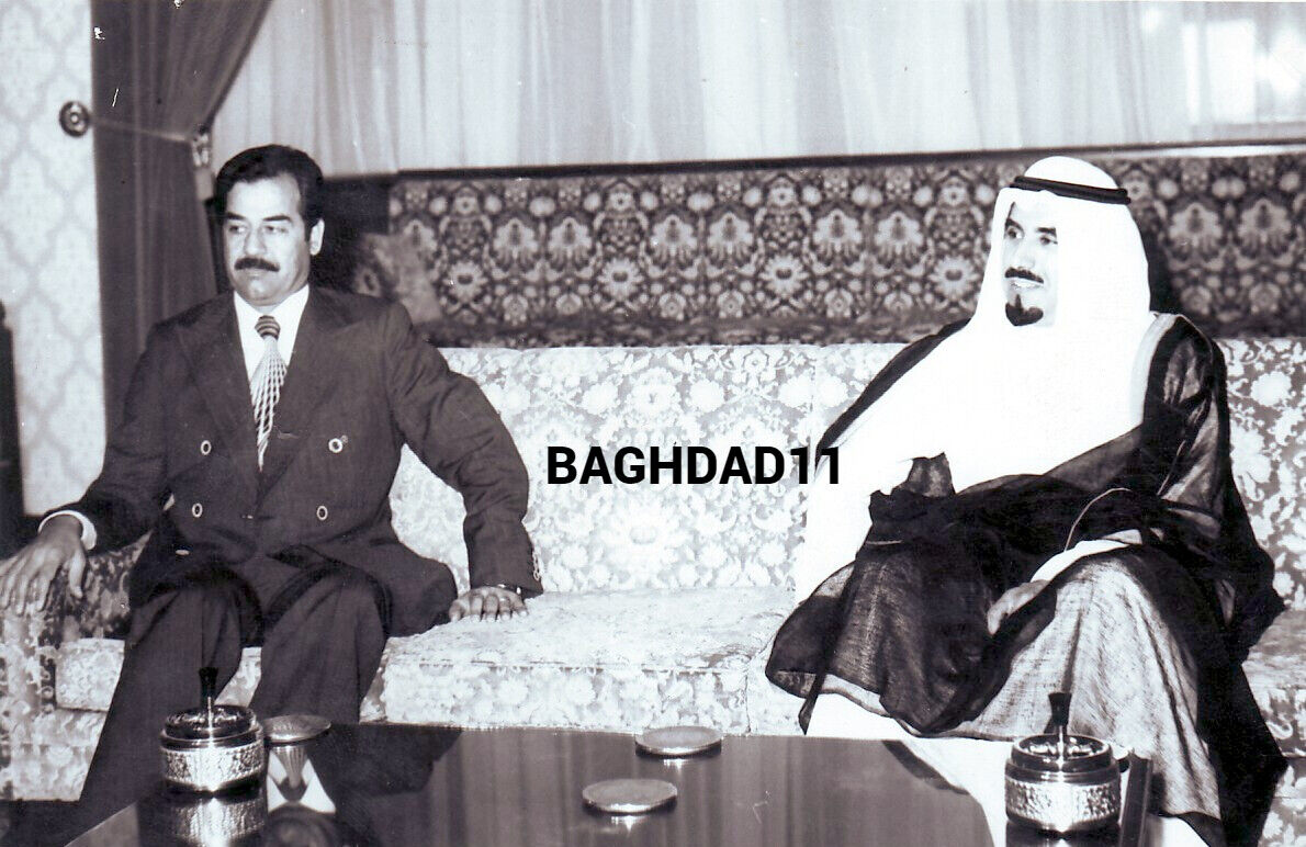 Kuwait-Iraq. Reprinted photo Sheikh Jaber Al Ahmad Al Sabaha with Saddam Hussain