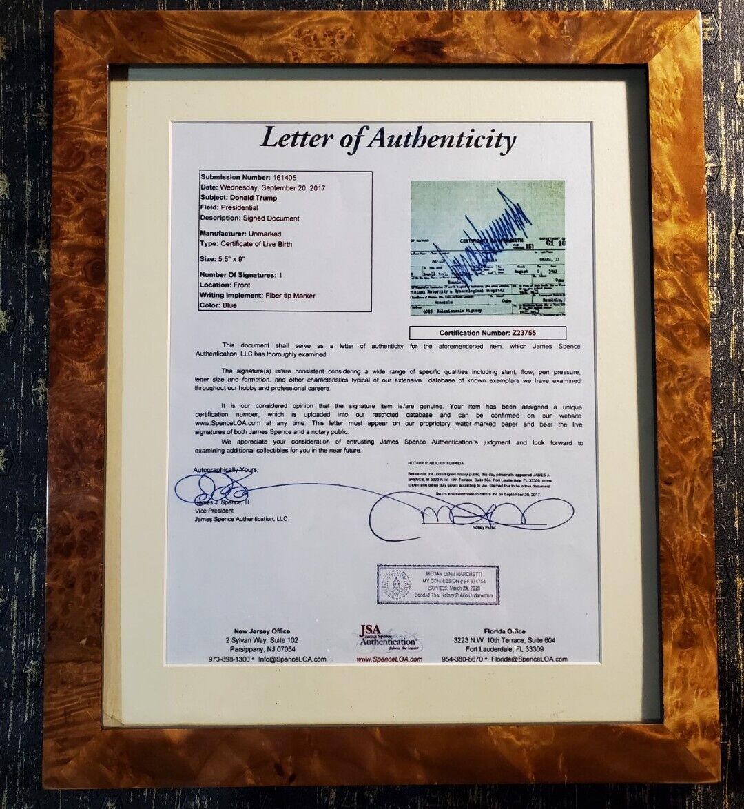 Framed President Donald Trump Autograph Signature 8x10