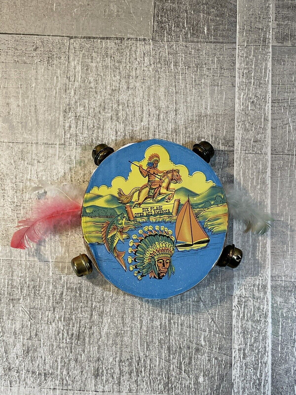 Vintage Six Flags Over Mid America Indian Tambourine Toy Super RARE 5”