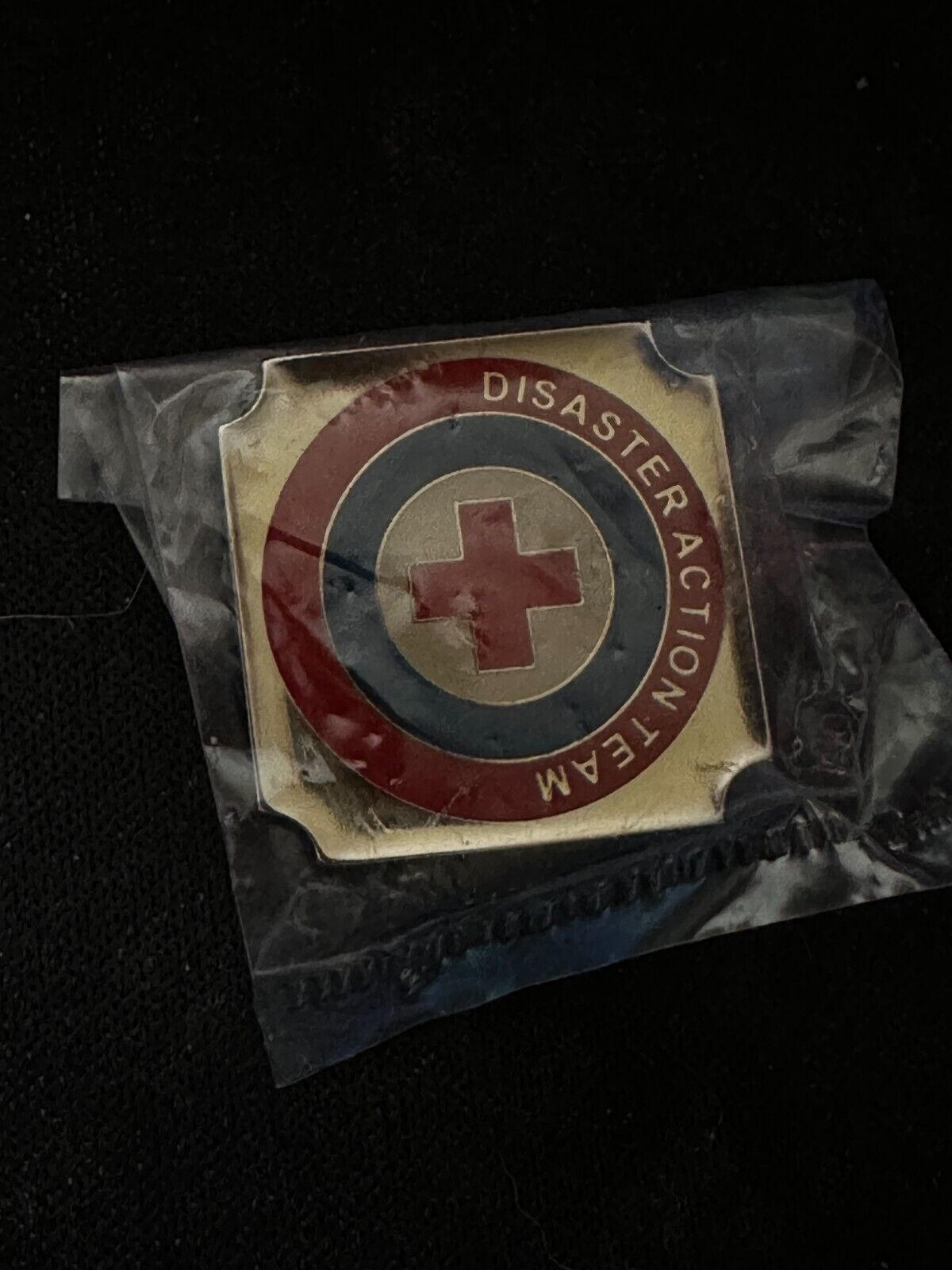 American Red Cross Disaster Action Team Round Blue Red Lapel Pin