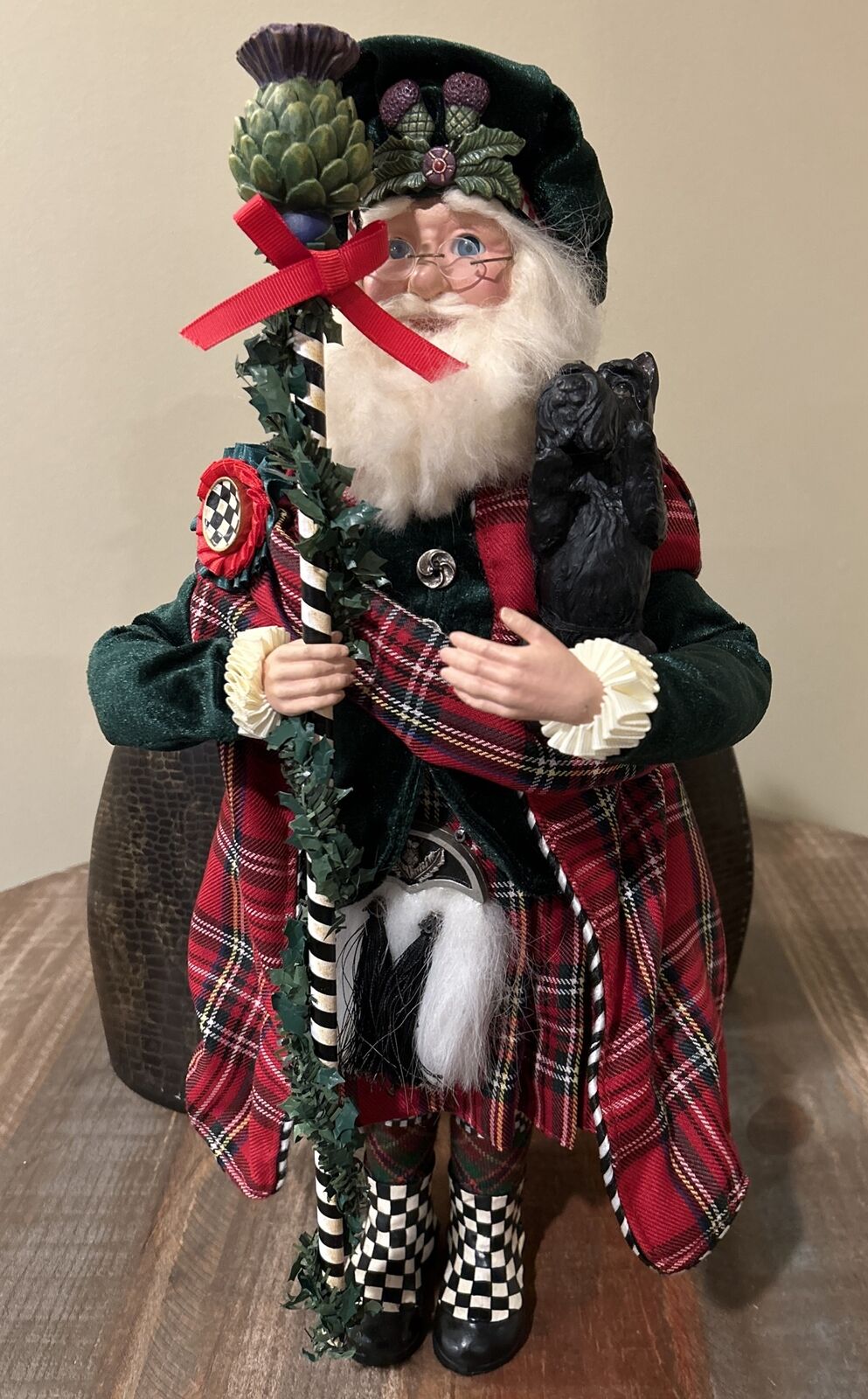 MacKenzie Childs Scottish Courtly Check Santa Clause with Scottie Dog 20” Tall