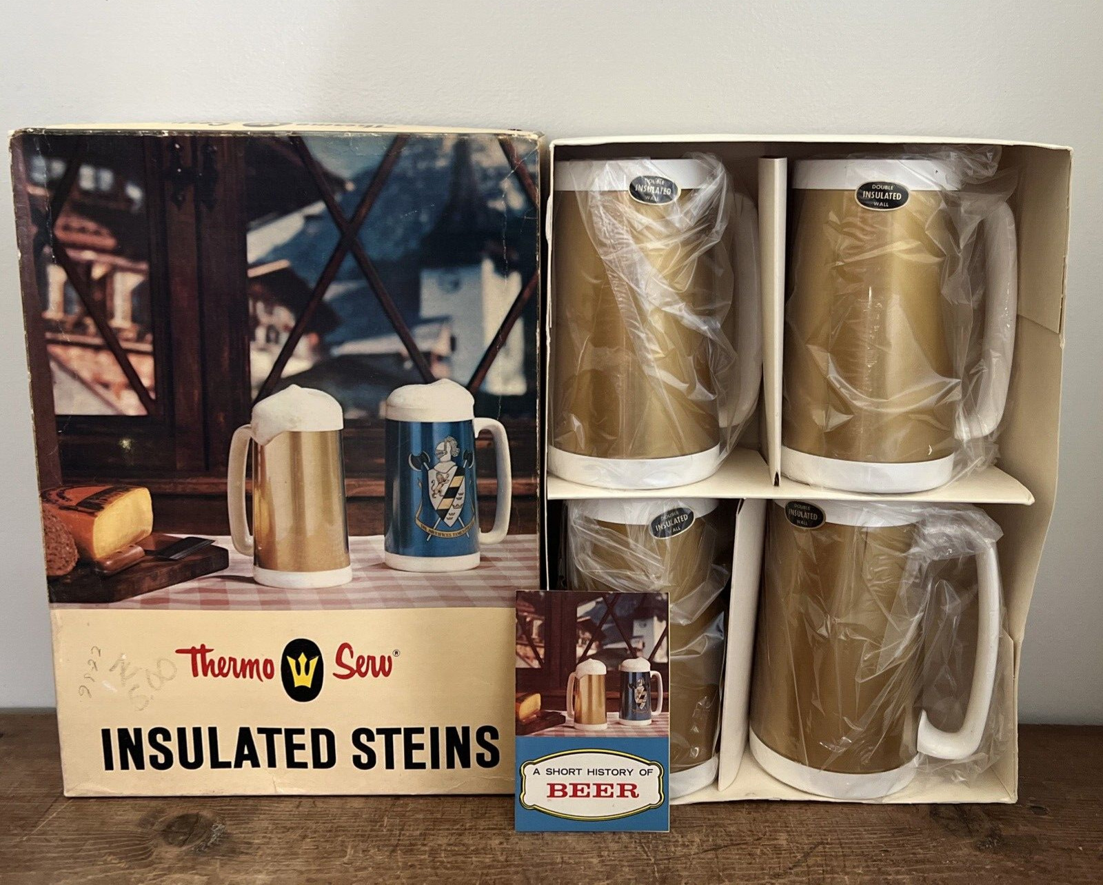 Vintage West Bend Thermo Serv Insulated Beer Steins in Orig. Box NOS