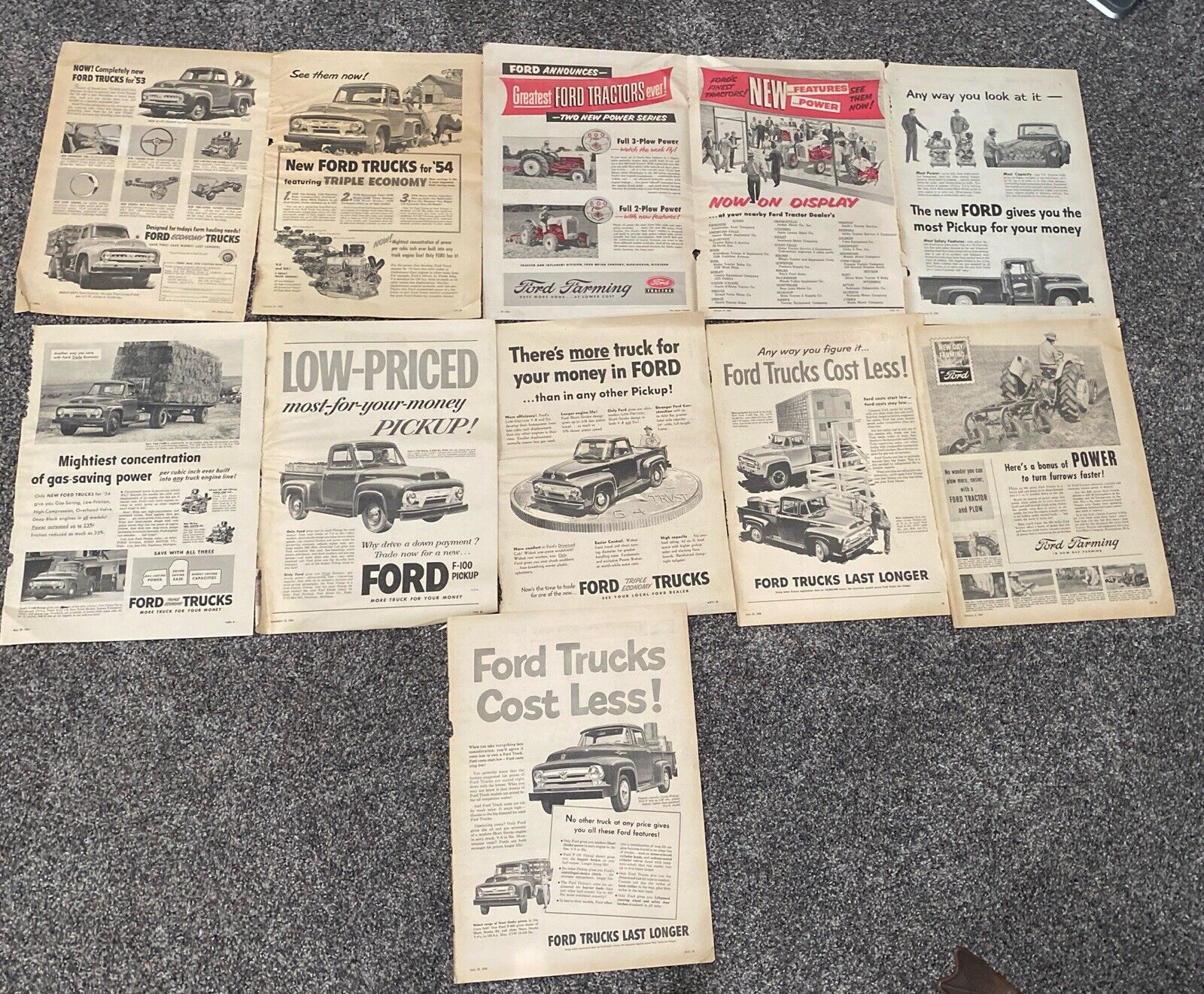 Lot of 10 Vintage 1953- 1956 Ford  Farm Truck Tractor Print Ads 15”x11”