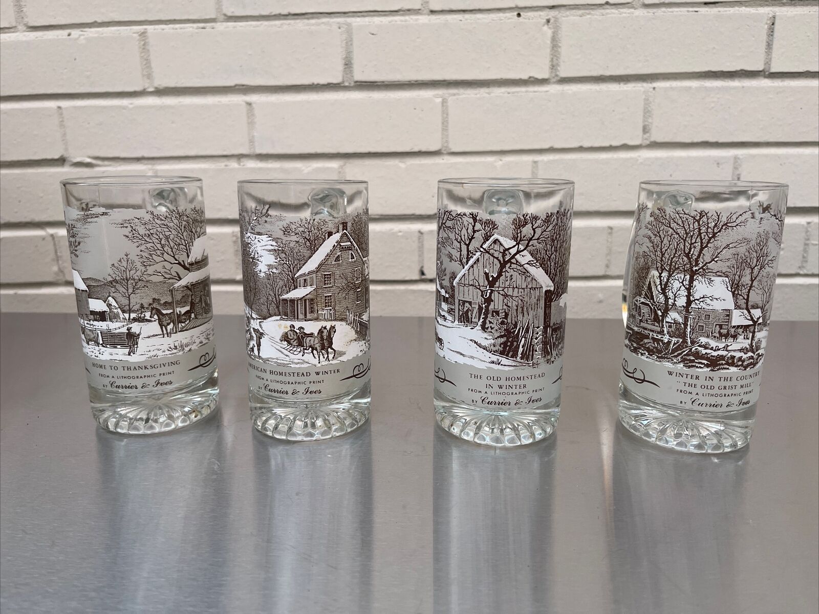 4 VINTAGE CURRIER & IVES AMERICAN HOMESTEAD WINTER 13 OZ TANKARDS GLASSES