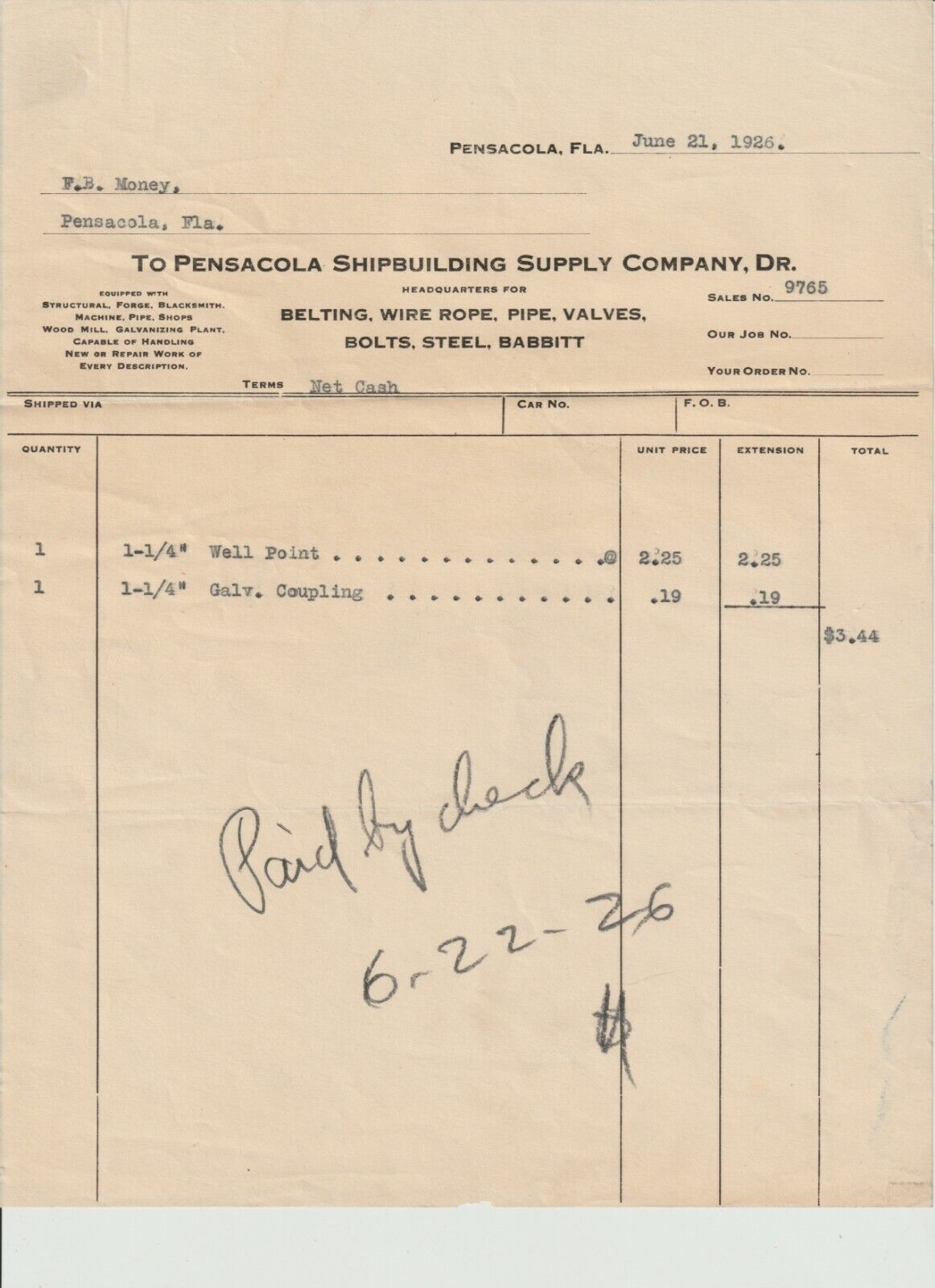 Pensacola shipbuilding co of Florida Antique Letterhead Bill invoice 1920s FL 19