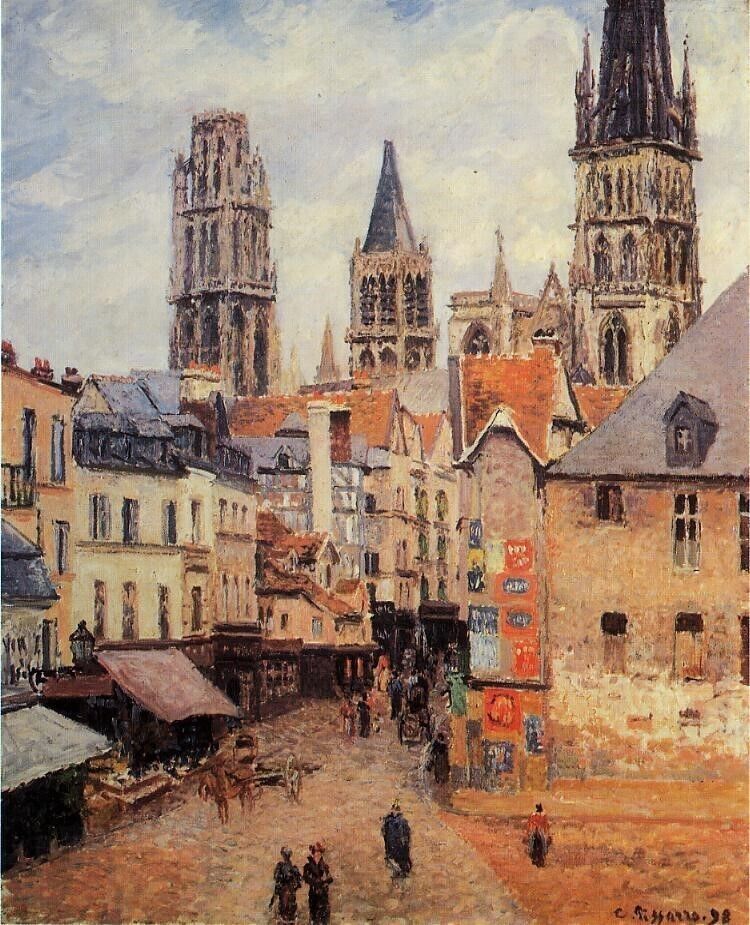 Oil painting Rue-de-lepicerie-at-Rouen-on-a-Grey-Morning-1898-Camille-Pissarro-o