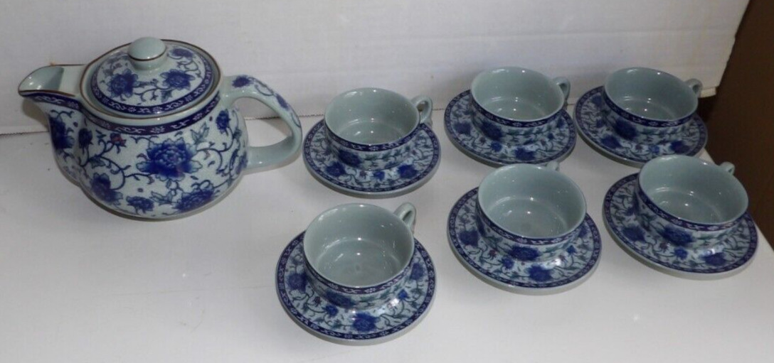 SAKE SET WITH POT & 6 CUPS WITH MATCHING SAUCERS BLUE FLORAL BY YONG KING