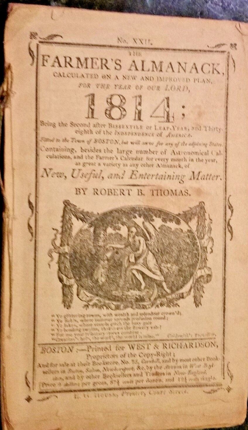 Rare Orig. 1814 Boston Mass Astronomical Famers Almanack Almanac R Thomas Book