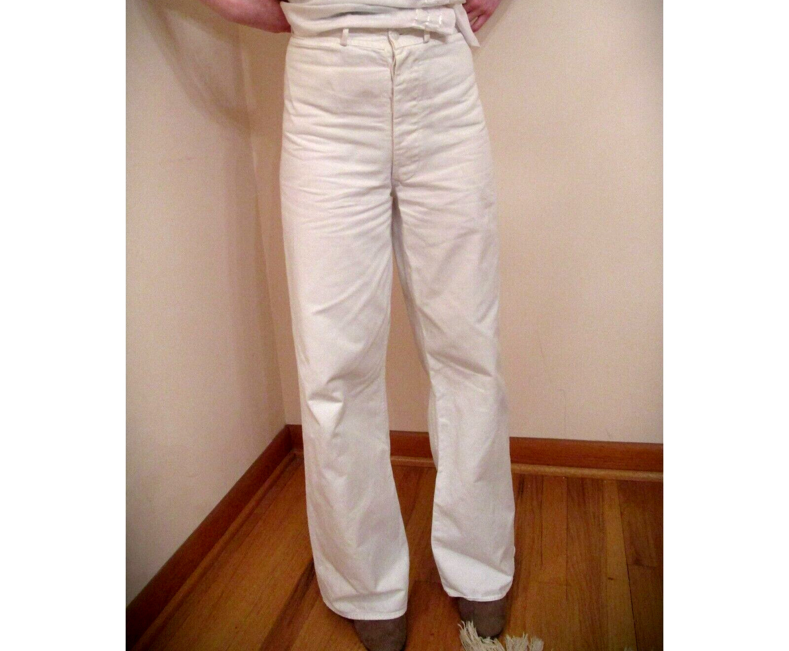 40's Vtg USN Sailor Pants Summer White High Waist Button Fly Wide Leg 34X32