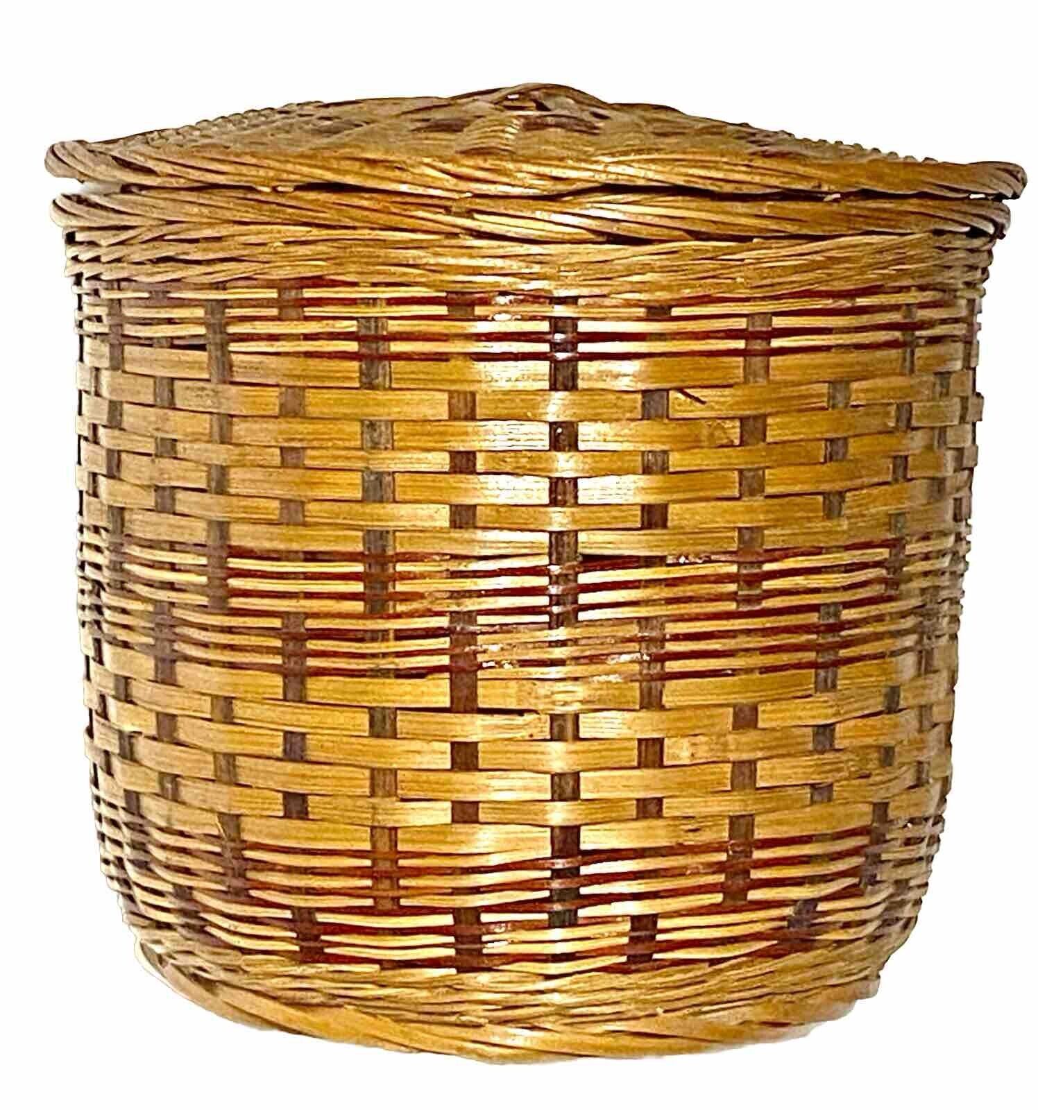 Vintage Tight Hand Woven Wicker Rattan Lidded Basket Storage Trinkets Household