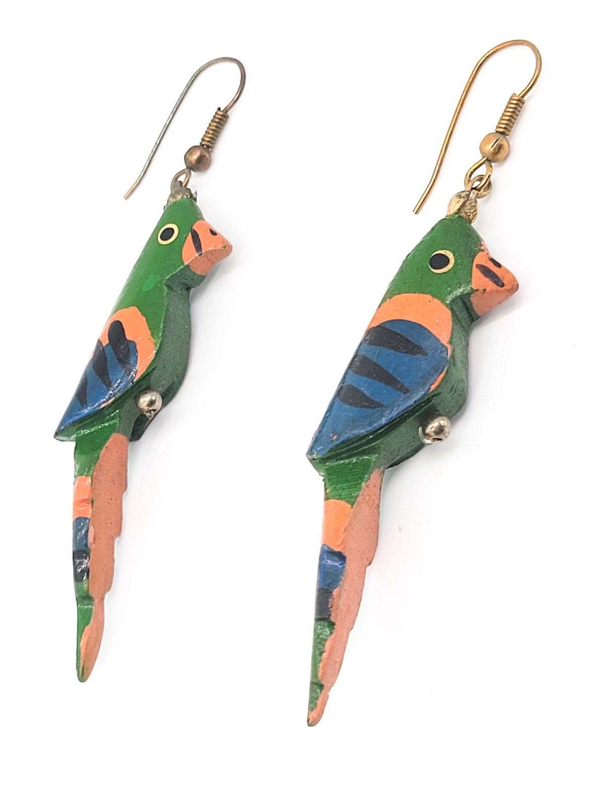 Carved wood painted bird handcrafted vintage drop earrings