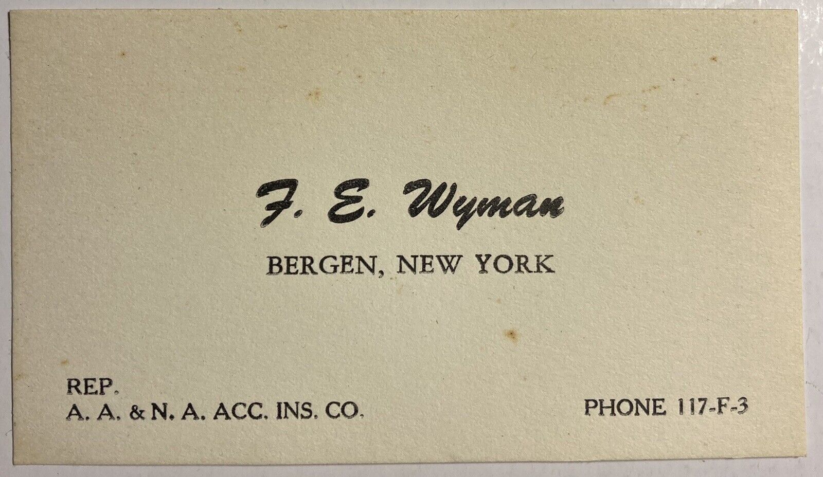 Vintage Business Card Bergen NY Insurance Co FE Wyman New York Collectible