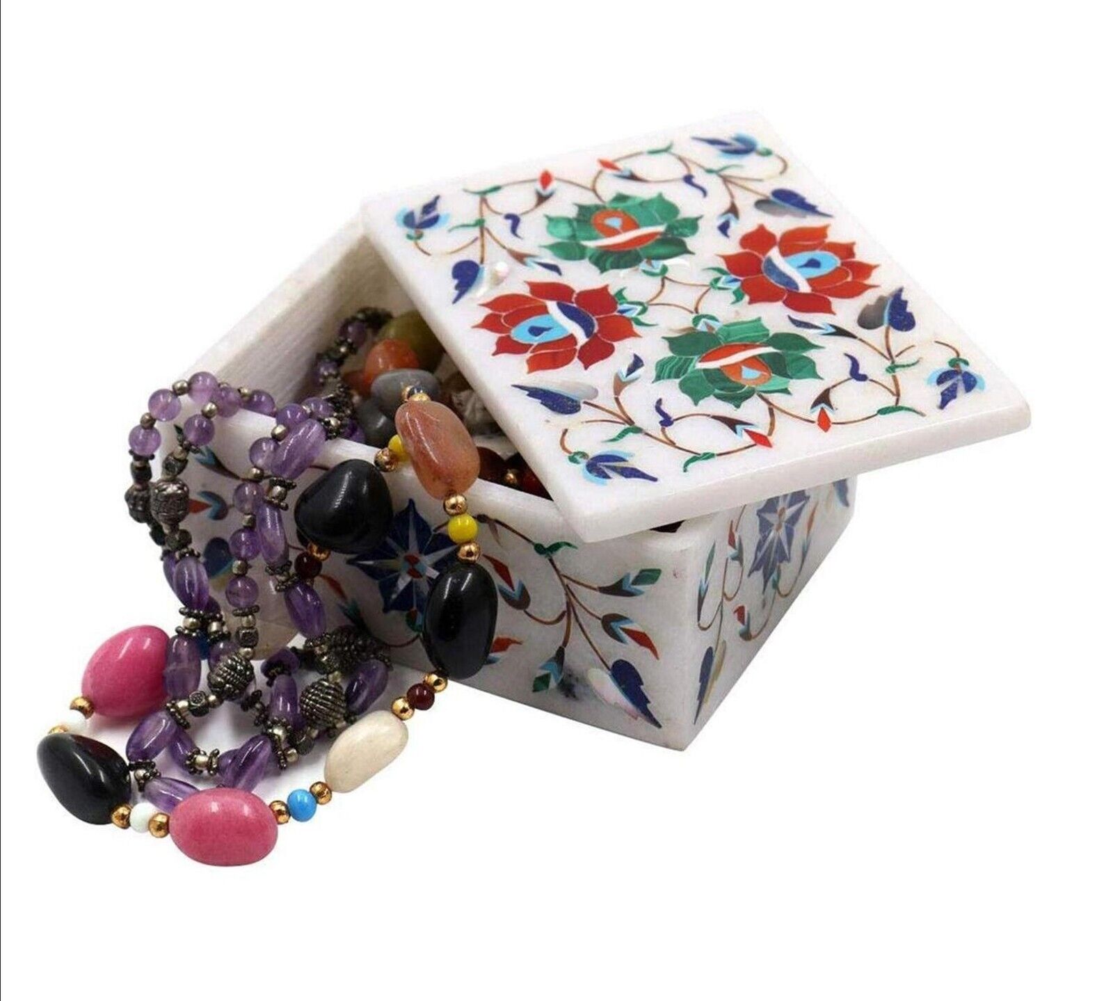 Semi Precious Gemstone Inlay Work Anklet Box Rectangle White Marble Jewelry Box